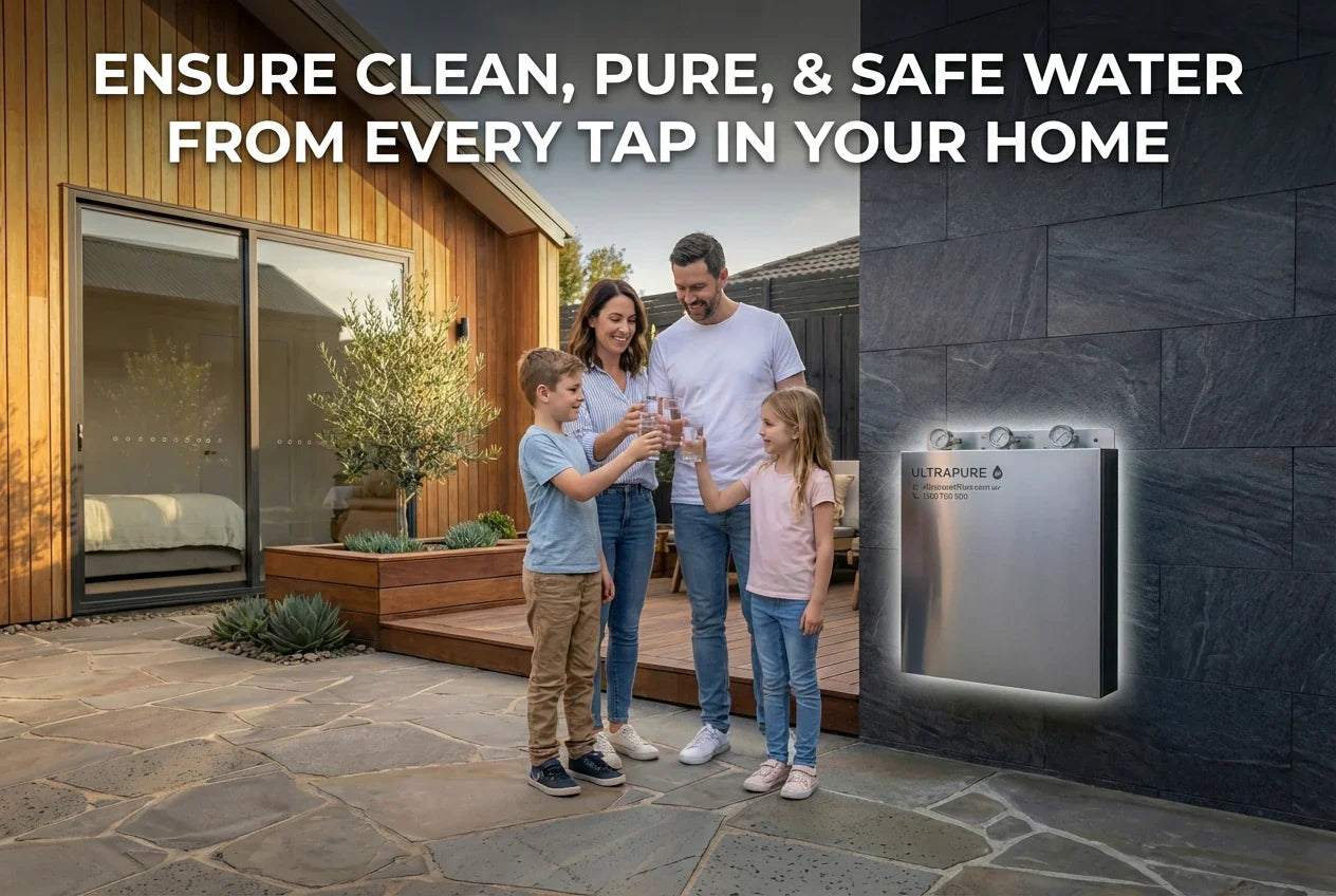 a family drinking water next to their ultrapure whole house filter
