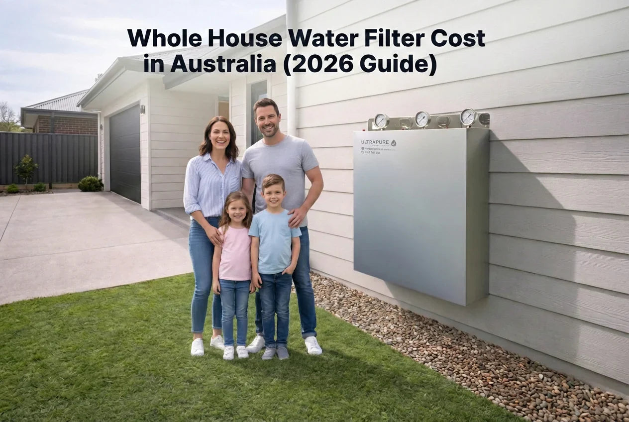 an image of a family next to a whole house water filter
