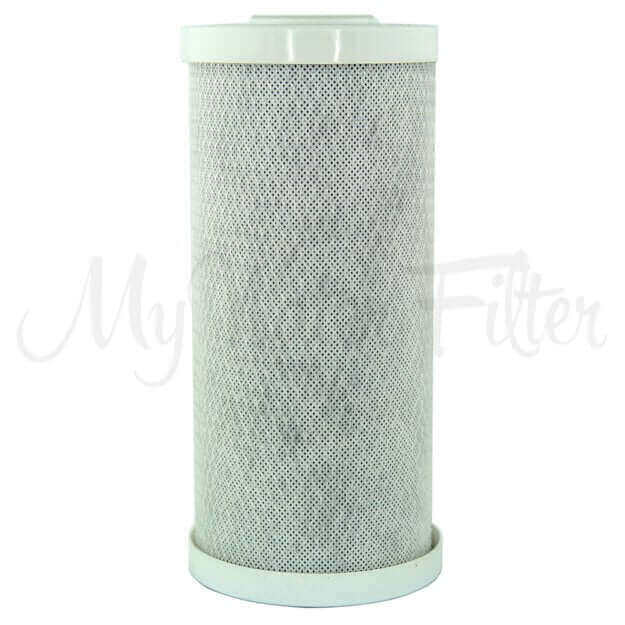 A white cylindrical carbon block water filter cartridge with dotted mesh and solid top and bottom caps.