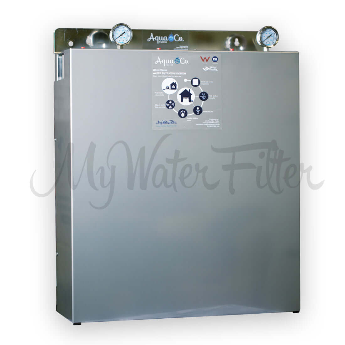The MWF 20" x 4.5" Triple Big Blue Whole House Water Filter System with Aragon equipped with a white bracket, blue housings with black end caps, composed of a sediment filter, a carbon block, and Aragon cartridge. An upgraded version is displayed at the back with a sturdy stainless steel cover that includes 3 pressure gauges on top, to ensure effective purification throughout the entire home.