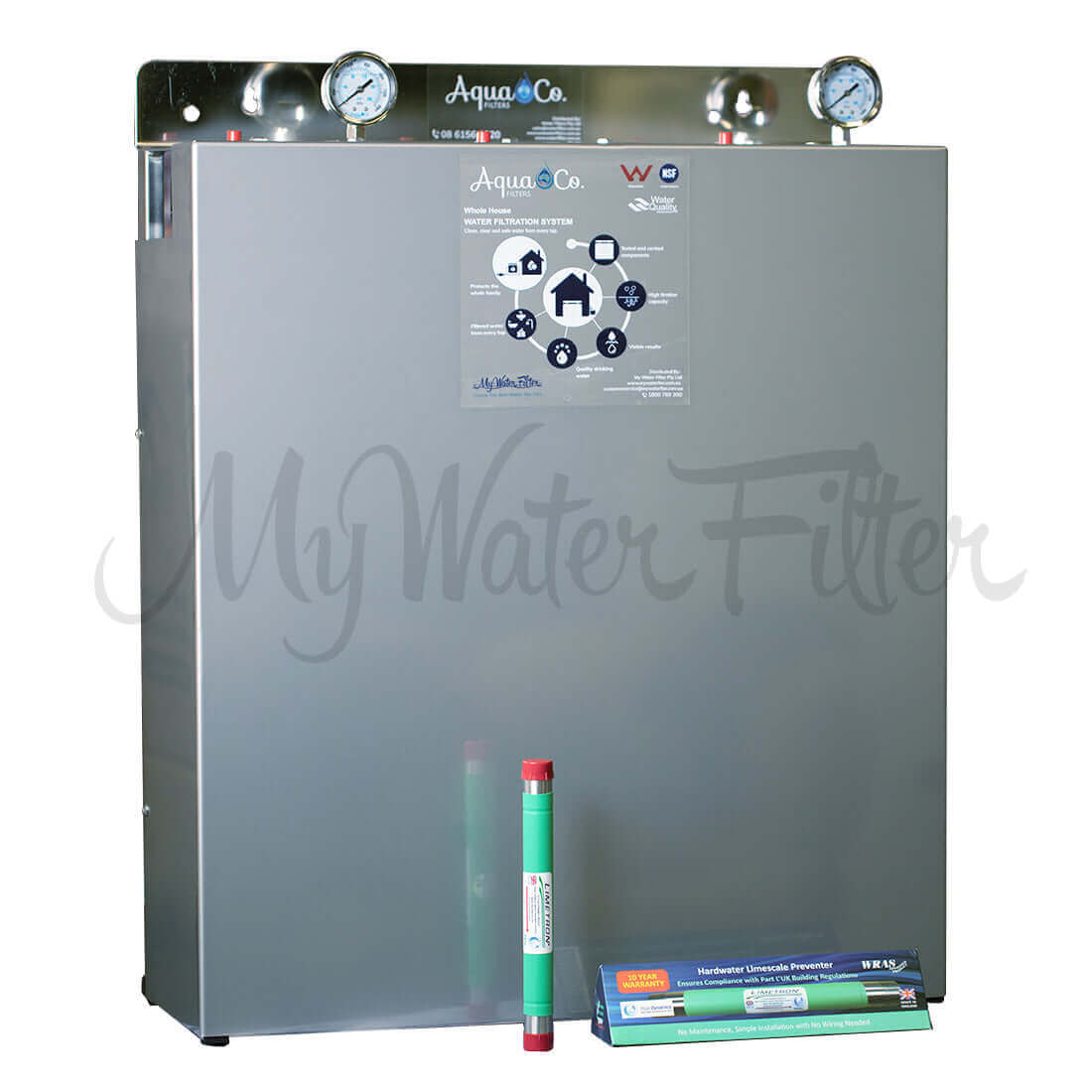 The AquaCo Premium Triple Stage Whole House Water Filter with Hard Water Protection is equipped with gauges and a Limetron Water Softener Alternative position at the bottom to ensure comprehensive water purification for the entire home.