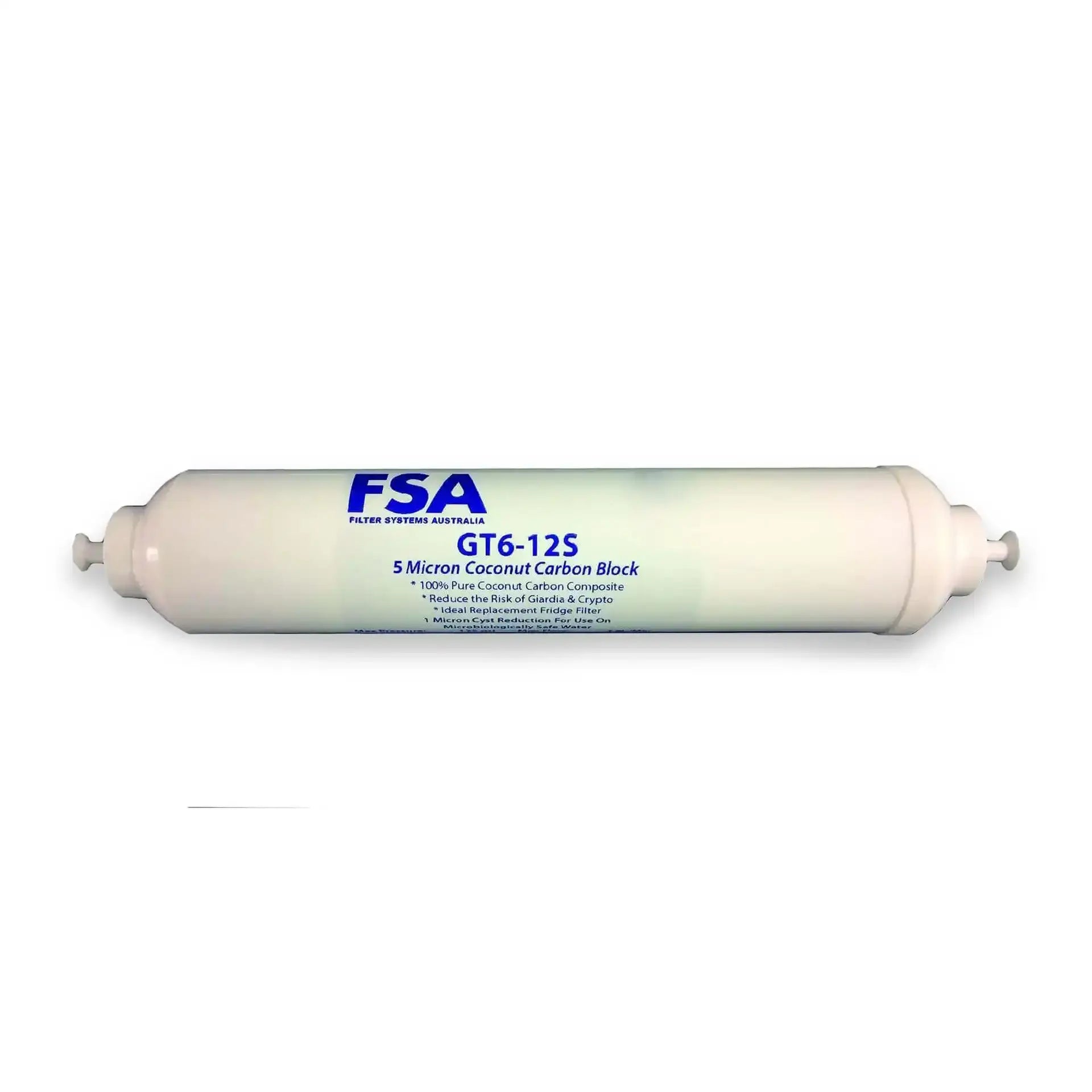 A white inline water filter cartridge, model FSA GT6-12S, featuring a 5-micron coconut carbon block design.