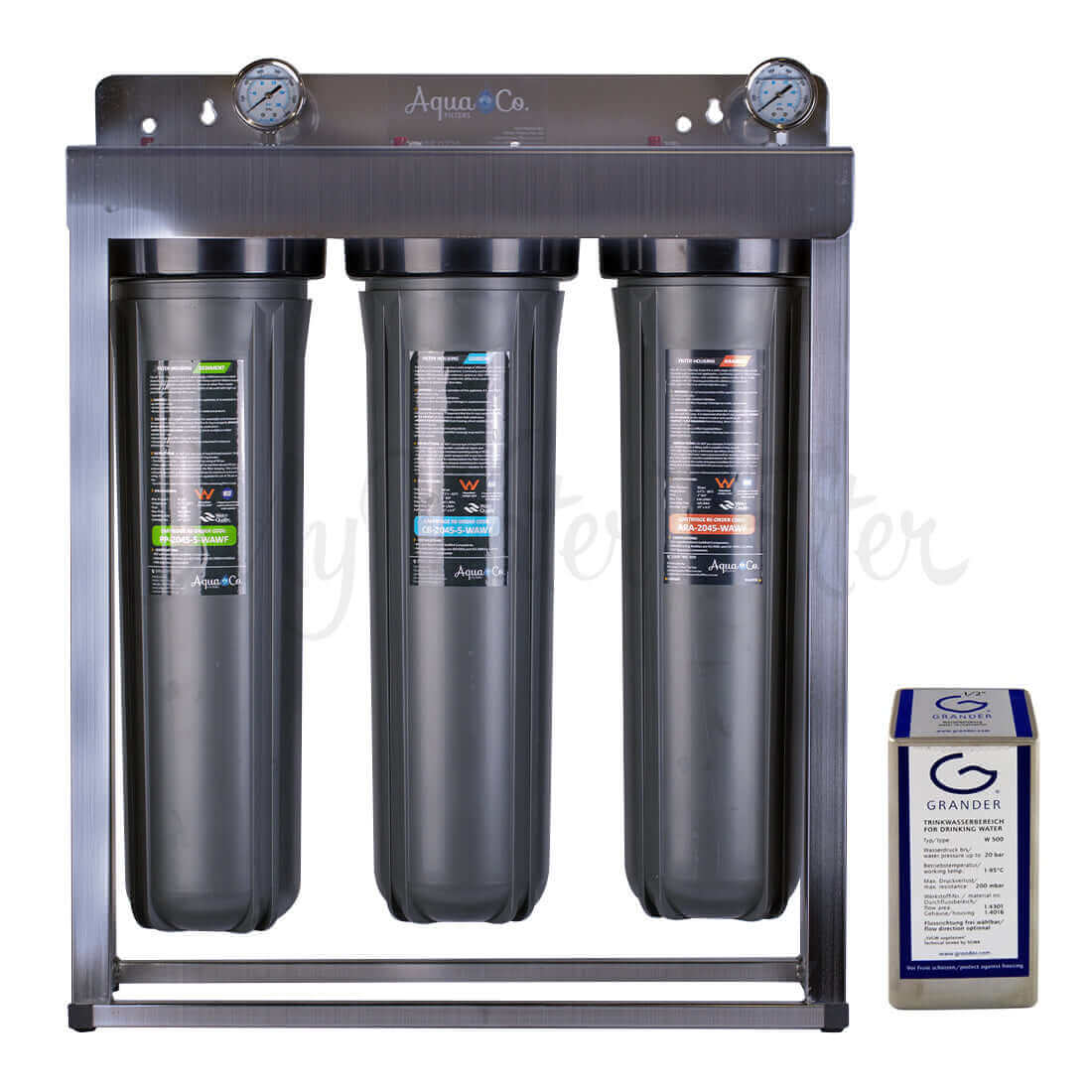 Inside view of the AquaCo Premium Triple Stage Whole House Water Filter includes a three-stage filtration system, two pressure gauges, and features a Grander revitalisation unit.