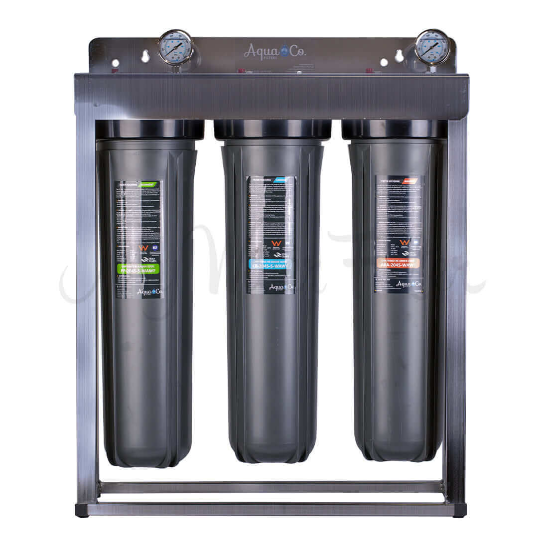 Front view inside the AquaCo Premium Triple Stage Whole House Water Filter, featuring pressure gauges on top, a stainless steel frame, and 3 housings inside guarantees your entire household enjoys clean, filtered water.