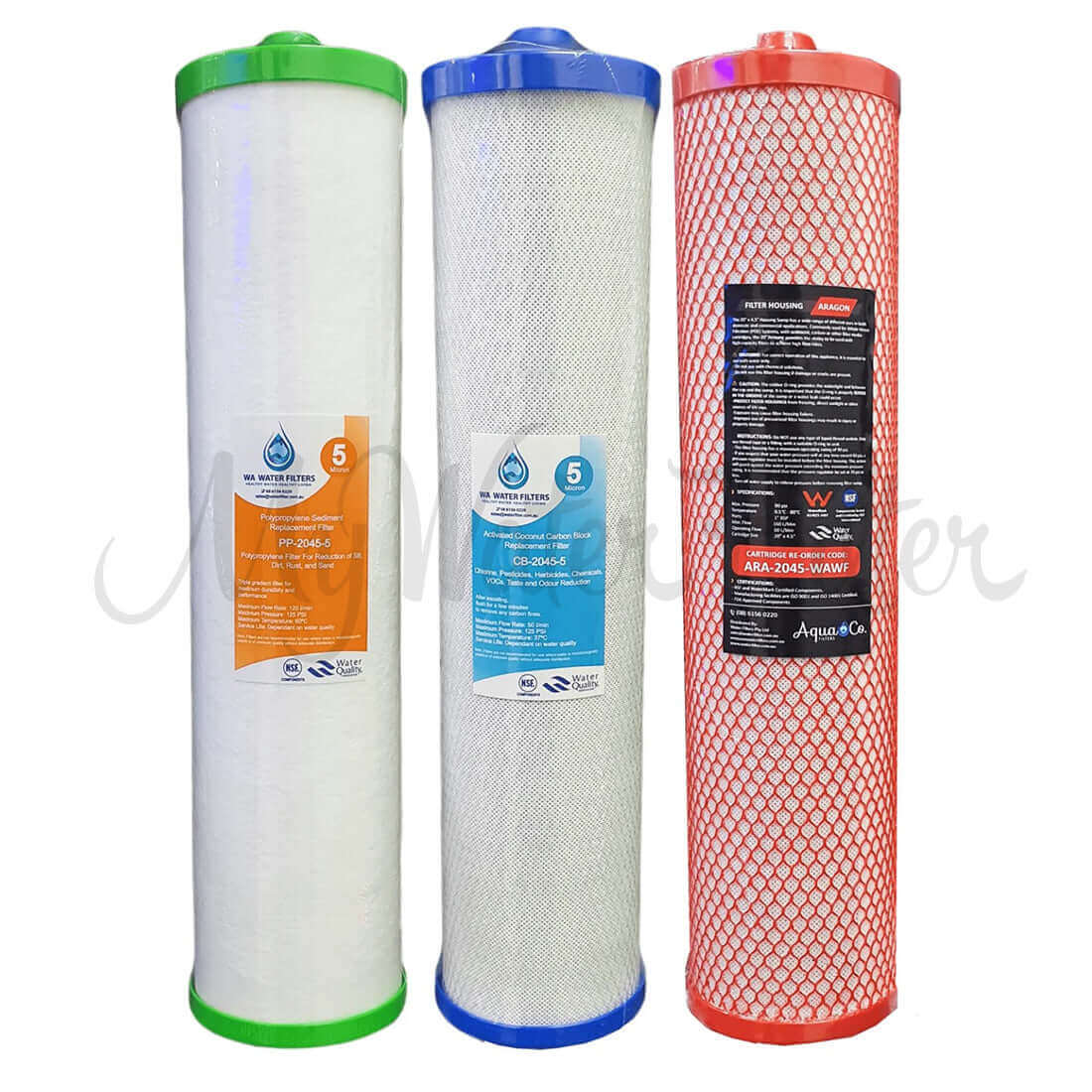 Three AquaCo Premium Triple Whole House Water Filter cartridges with caps in which the sediment filter in green, activated carbon block in blue, and Aragon filter in red.