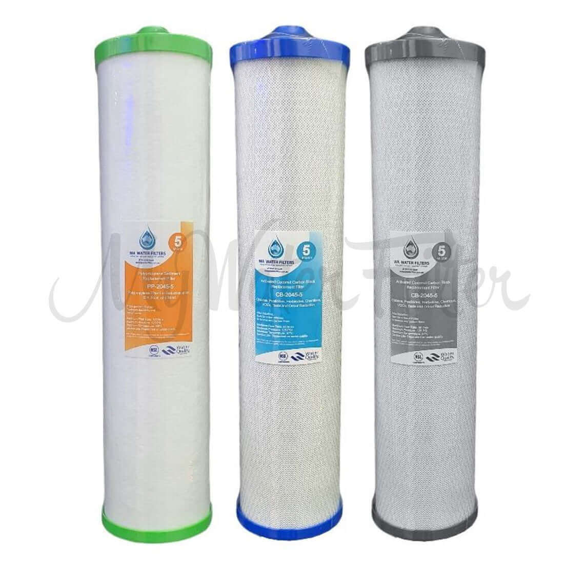 A set of three AquaCo Classic Triple Whole House Water Filter Cartridges, featuring caps in vibrant green which is the sediment filter, blue for the activated carbon block, and gray for the silver impregnated carbon filter.