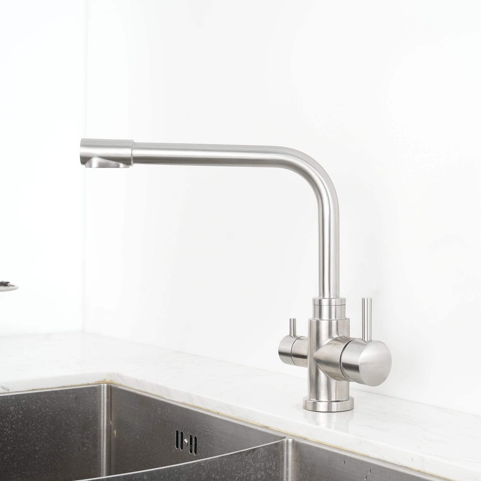 Tall Square Neck - 3 Way Kitchen Mixer Tap - Stainless Steel on tap