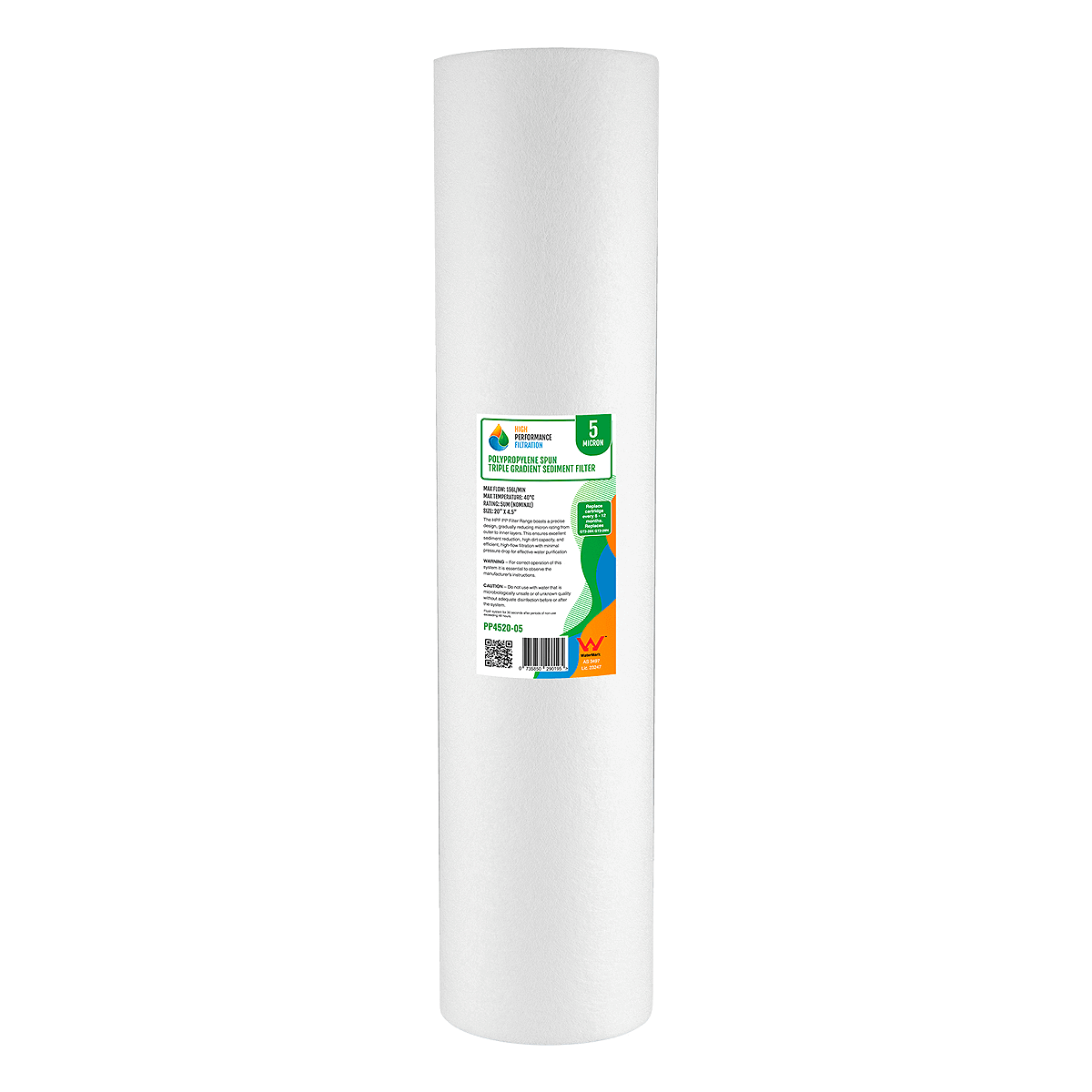 A white cylindrical polyspun sediment cartridge as part of the HPF 20" x 4.5" Triple Big Blue Whole House Chlorine Reduction Water Filter System with Stainless Steel Cover