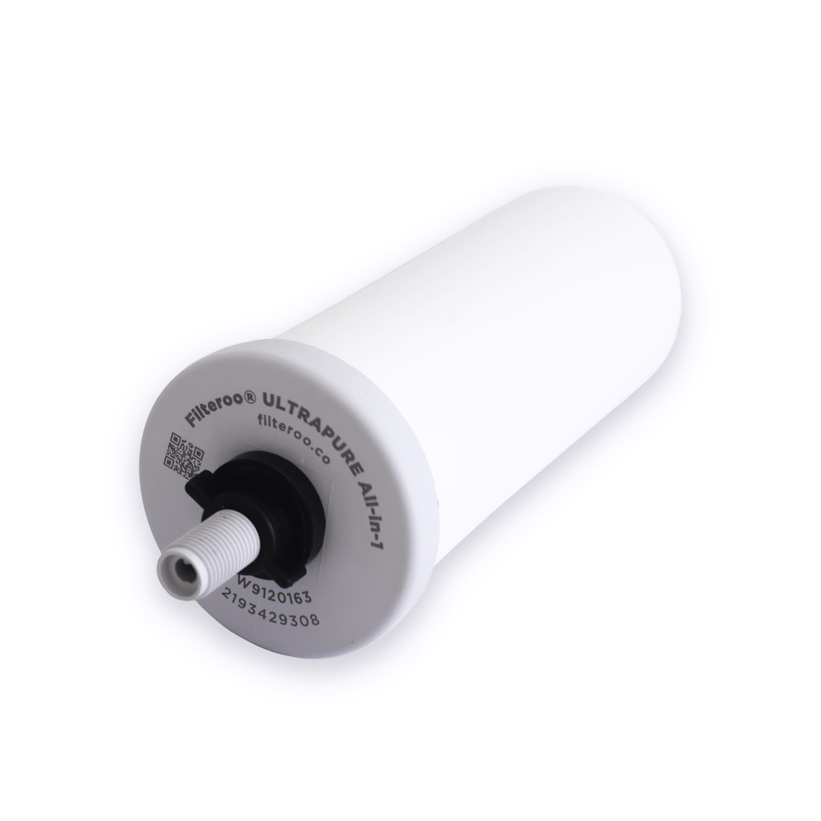 White cylindrical water filter cartridge labeled