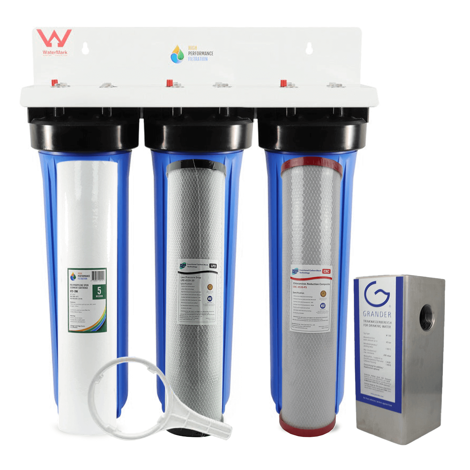 The HPF 20" x 4.5" Triple Big Blue Whole House Chloramine Reduction Water Filter System Complete with GRANDER, by High Performance Filtration, includes a white bracket, black head caps for the three blue water filter housings with their cartridges inside, a white housing removal tool at the bottom, and a Grander water revitalization unit on the right side.
