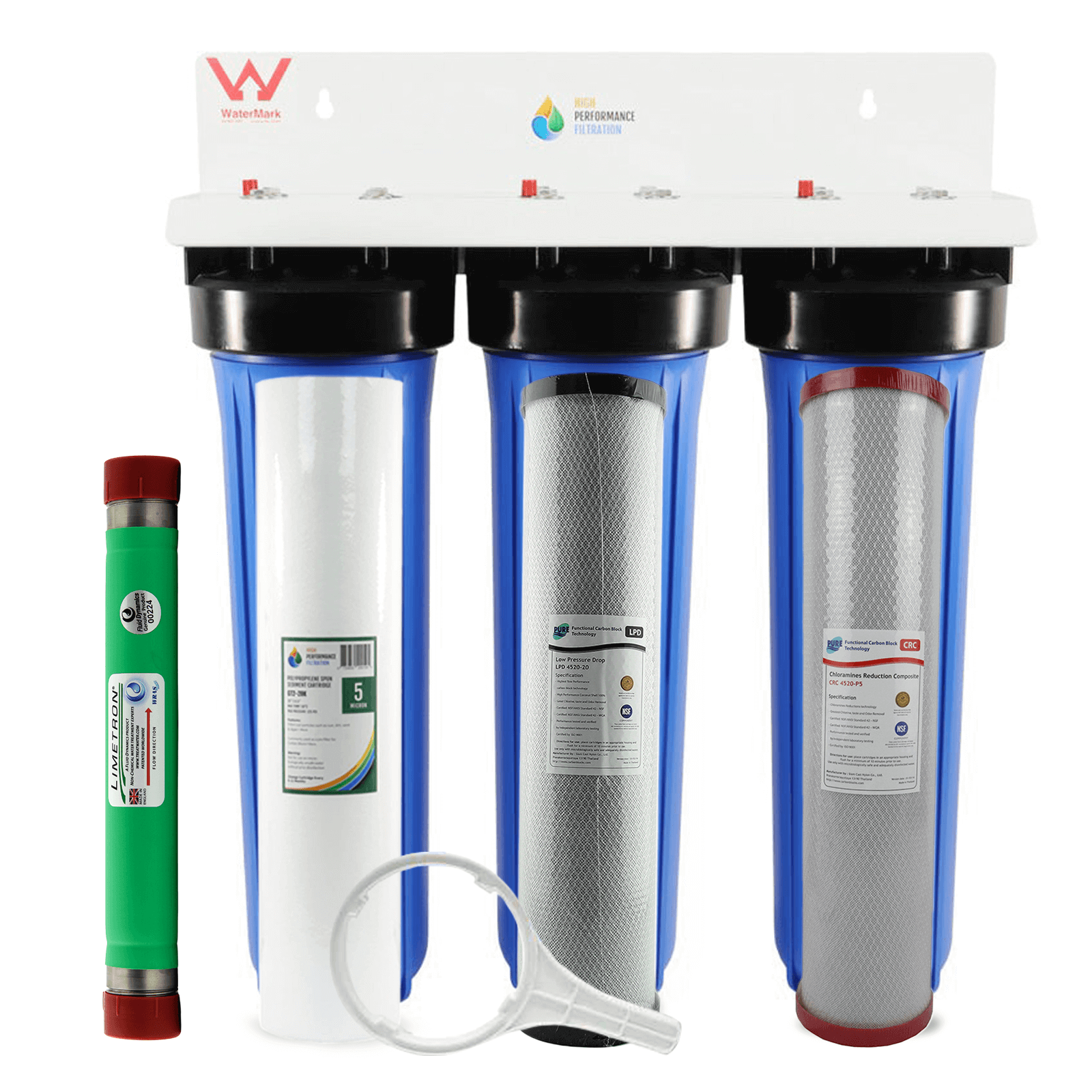 The High Performance Filtration 20" x 4.5" Triple Big Blue Whole House Chloramine Reduction Water Filter System featuring a white mounted bracket with the WaterMark logo, 3 blue housings with a black head cap each holding a polyspun sediment filter, carbon block, and chloramine reduction cartridge. Limetron Hard Water Conditioner is displayed on the left with its green cover and red end caps plus a white wrench. This system is superior chloramine reduction and hard water conditioning.
