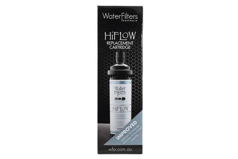 Black box featuring the HiFlow 1 Micron Under Sink Inline Water Filter Replacement Cartridge