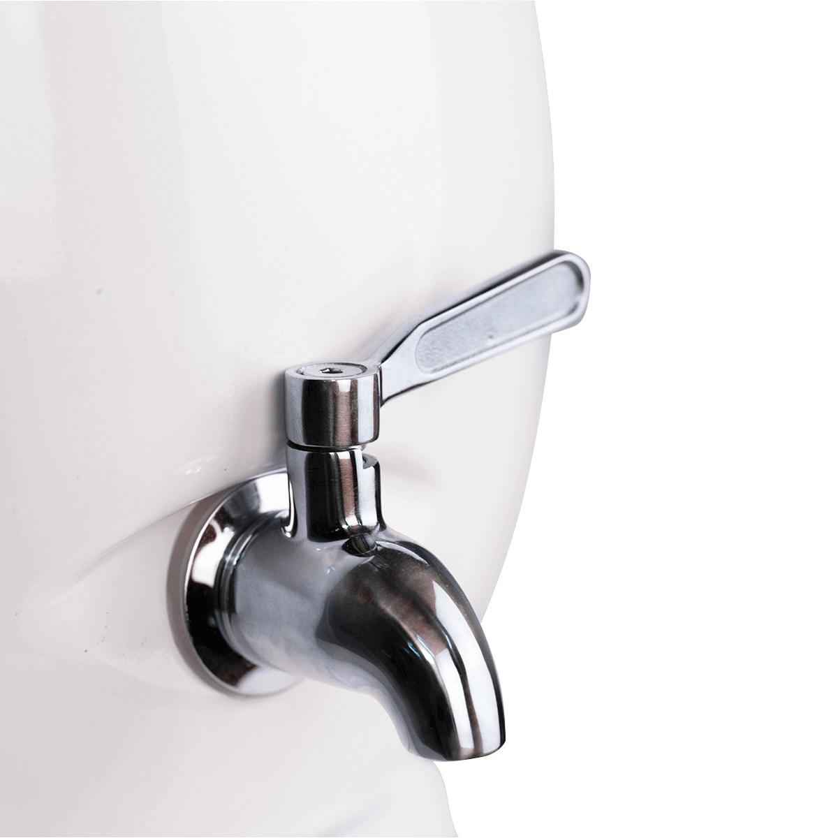 A close-up view showcases a shiny metal faucet with a lever, seamlessly attached to a white surface, integrated with the Filteroo® Joey 12L Gravity Ceramic Water Filter by Filteroo, ensuring pure and refreshing hydration.