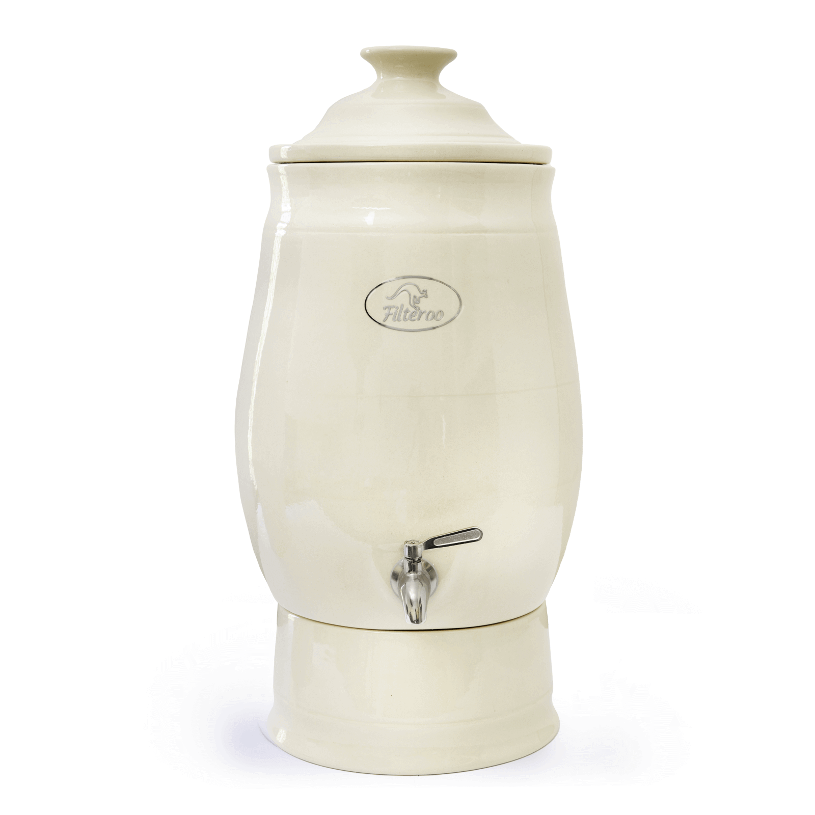 The Filteroo® Joey 12L Gravity Ceramic Water Filter, crafted by Filteroo, features a cream-colored stoneware body and a lid, utilizing gravity-fed technology for optimal filtration.