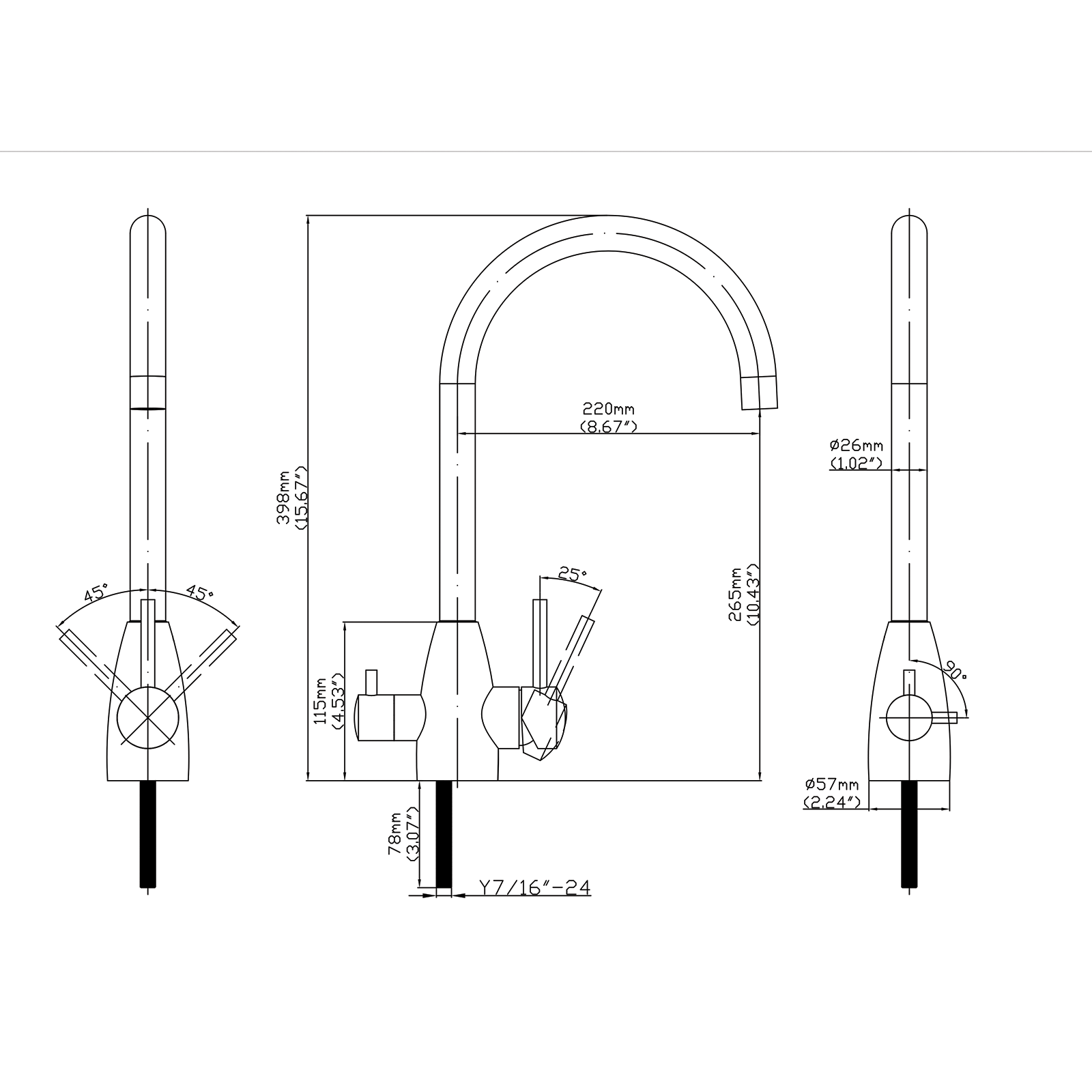 Gooseneck - 3 Way Kitchen Mixer Tap - Stainless Steel diagram
