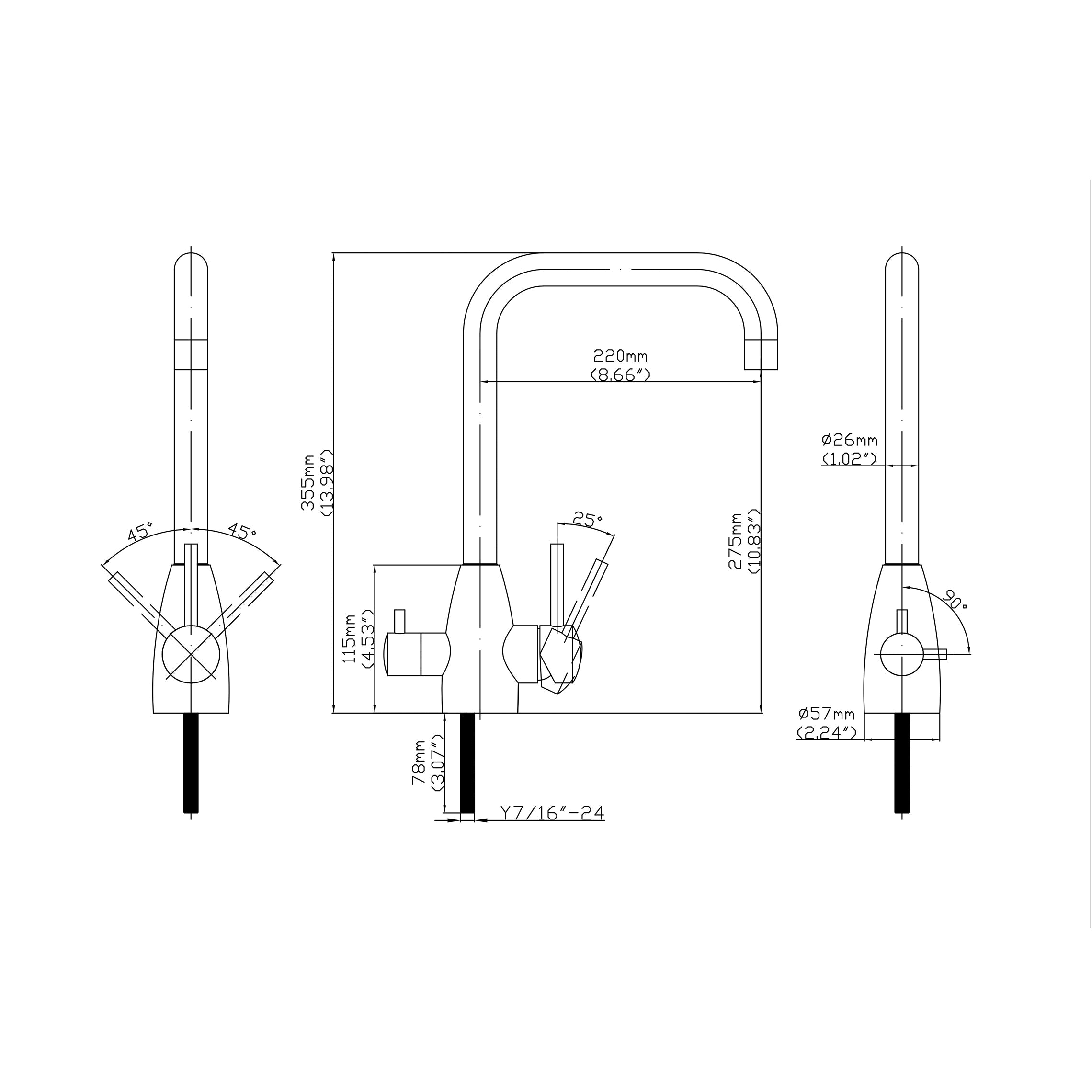3 Way Mixer Tap - Rounded Square Neck - Stainless Steel Diagram