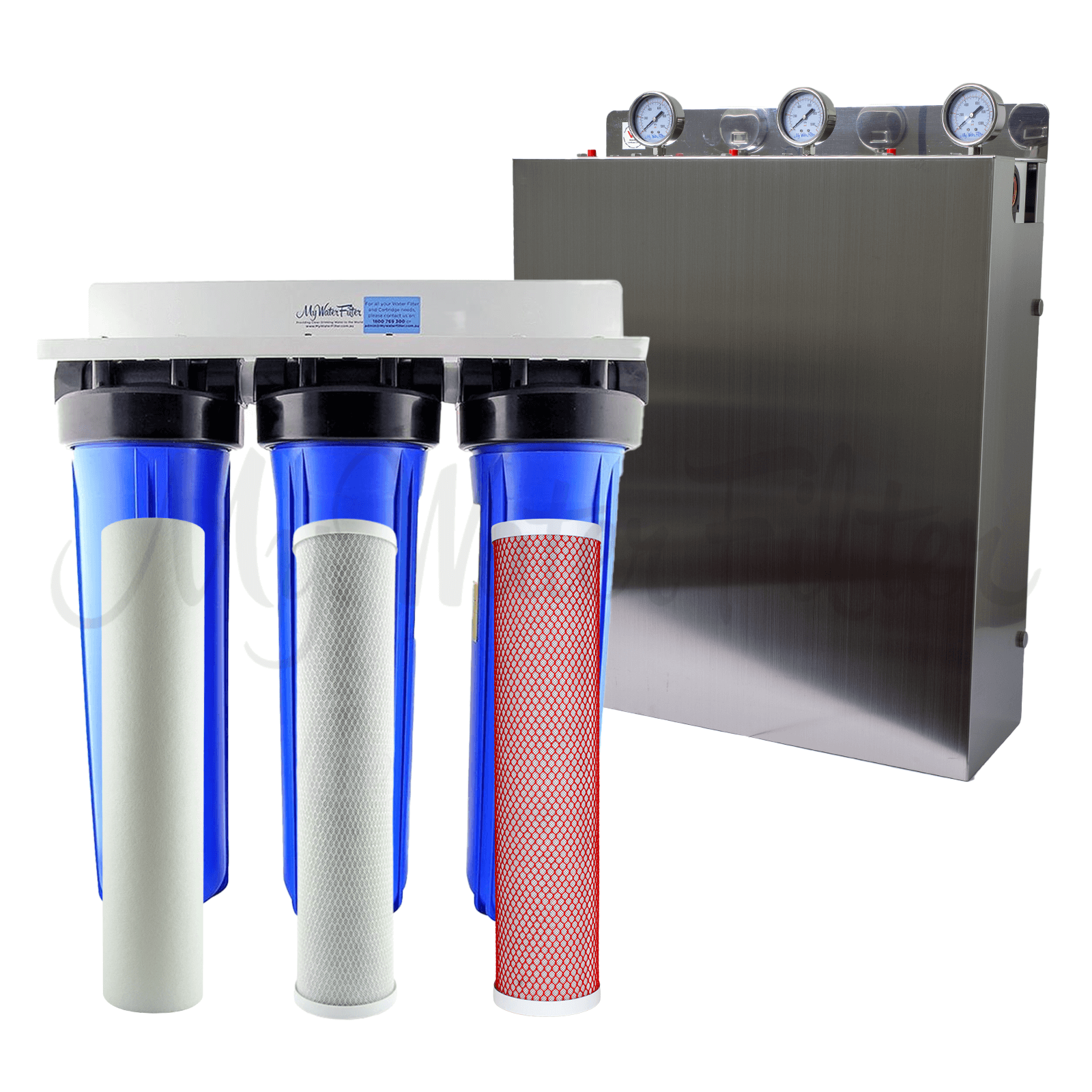 The MWF 20" x 4.5" Triple Big Blue Whole House Water Filter System with Aragon equipped with a white bracket, blue housings with black end caps, composed of a sediment filter, a carbon block, and Aragon cartridge. An upgraded version is displayed at the back with a sturdy stainless steel cover that includes 3 pressure gauges on top, to ensure effective purification throughout the entire home.