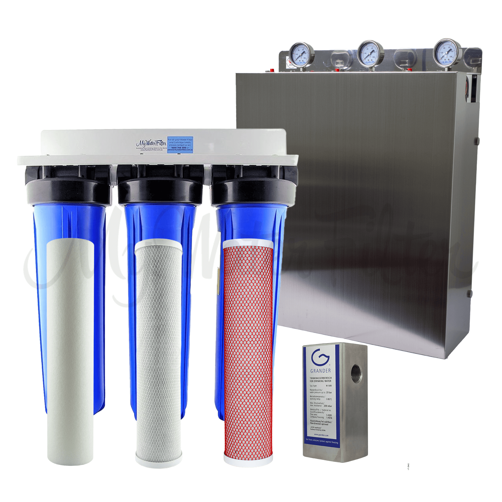 The MWF 20" x 4.5" Triple Big Blue Whole House Water Filter System by My Water Filter, complete with Aragon technology and GRANDER, includes a white bracket, 3 blue housings wit black head caps holding the sediment, carbon bock and Aragon filters with a stainless steel Grander Whole House on the right. The upgraded version of this system is displayed at the back with a stainless steel cover and 3 pressure gauges.