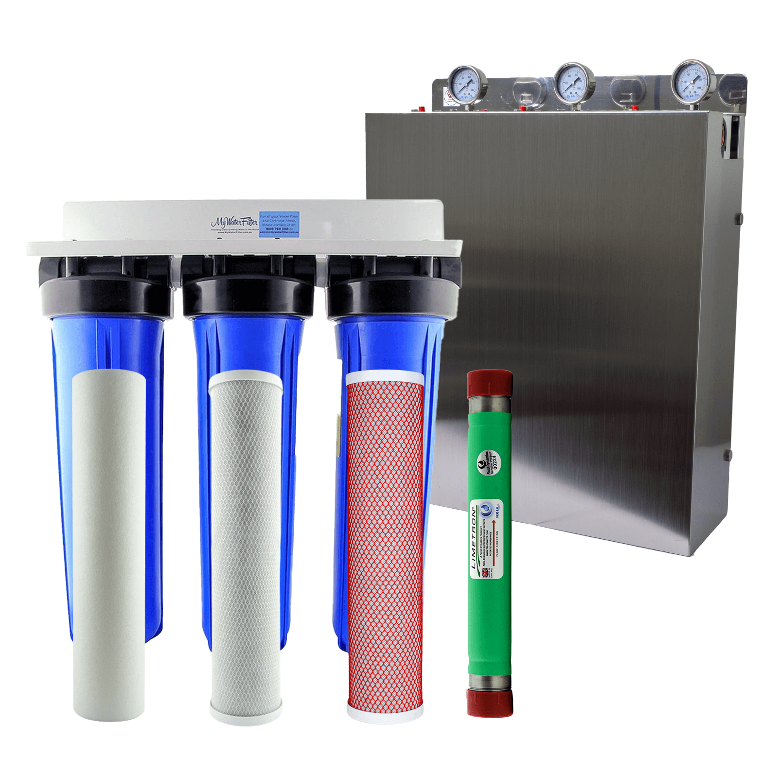 The MWF 20" x 4.5" Triple Big Blue Whole House Water Filter System with Aragon Complete with Hard Water Conditioner featuring a white bracket, a polyspun, carbon block and Aragon cartridges all housed in durable blue plastic cylinders, and a stainless steel cover option positioned at the back. A Limetron Whole House Hard Water Conditioner Descaler is seated on the right with its green cover and red end caps.
