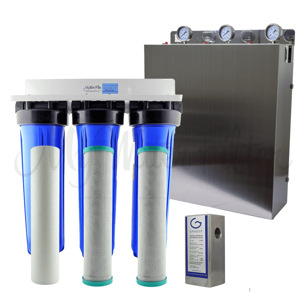 The MWF 20" x 4.5" Triple Big Blue Whole House Water Filter System features a white bracket, three blue housings with 1 sediment filter and 2 carbon block cartridges inside and a Grander Whole House Unit at the bottom right along with a stainless steel unit equipped with pressure gauges as the upgraded version of the system, ensuring the delivery of structured and chlorine-free water throughout your home.