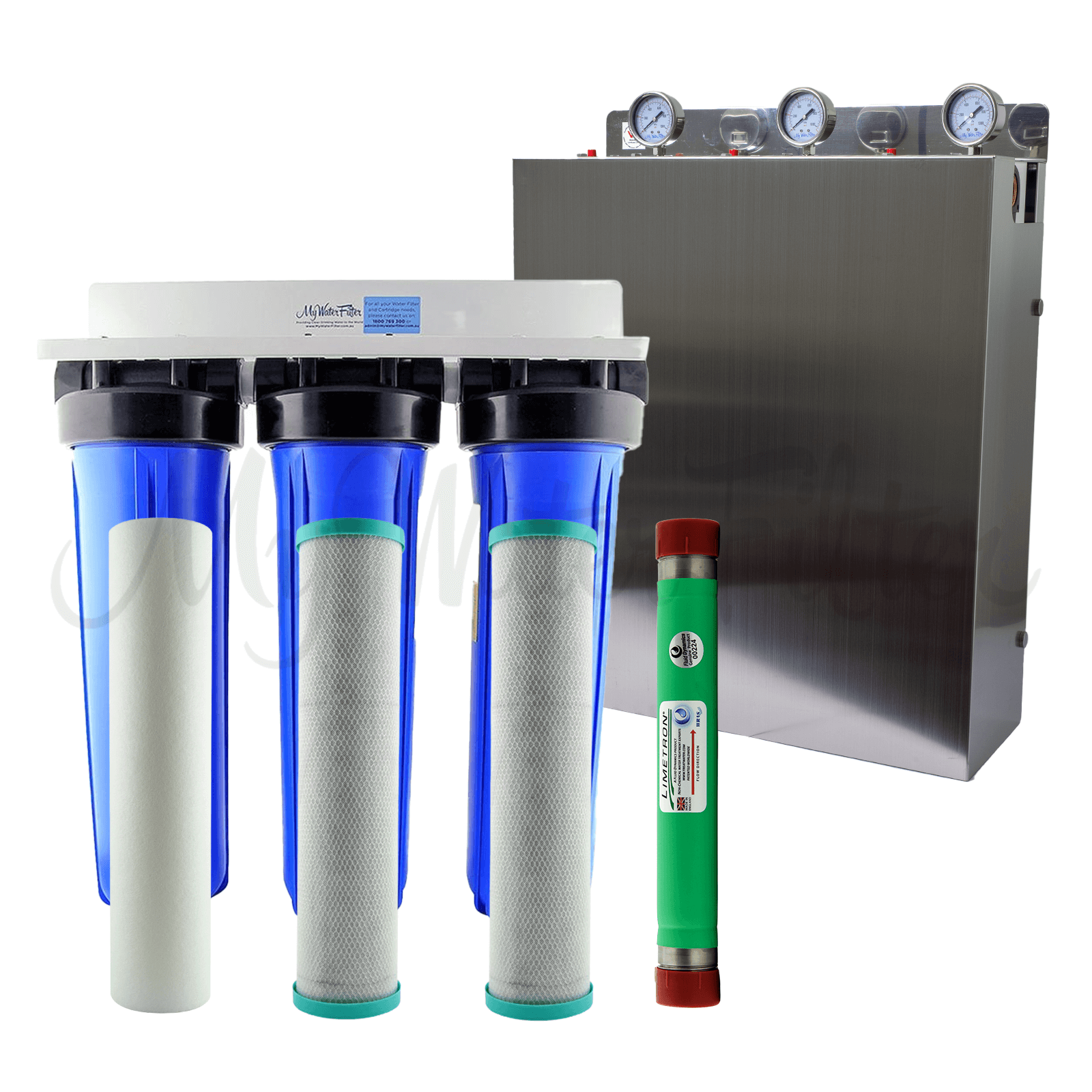 The MWF 20" x 4.5" Triple Big Blue Whole House Water Filter System Complete with Hard Water Conditioner features a white bracket, three blue housings with black end caps securing the sediment filter and 2 carbon block cartridges inside with a Limetron Hard Water Conditioner standing on the right with its green cover and red end caps to efficiently condition hard water. The upgraded version of this system is displayed at the back with its stainless steel cover and three pressure gauges.