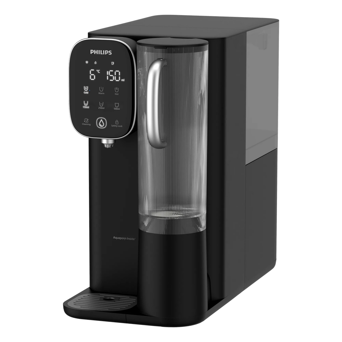 Angled view from the left of the black Philips water station, showing the touchscreen display, ribbed clear water jug with silver handle, and drip tray.