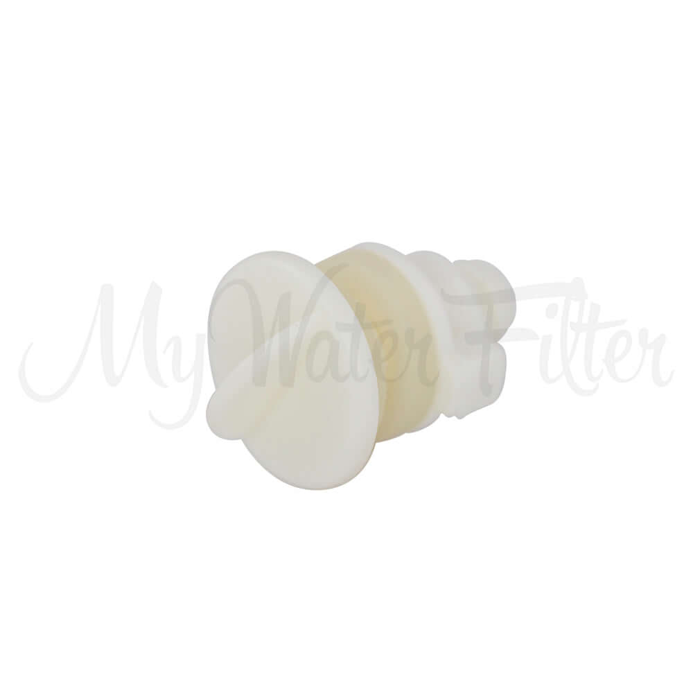 White plastic component called the Filteroo® Gravity Water Blocking Plug on a plain white background, part of the Filteroo water filtration system.