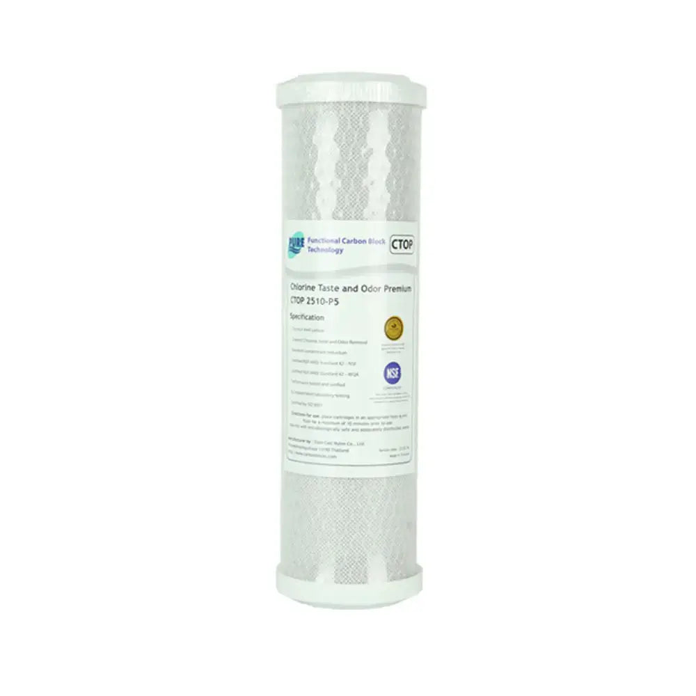 A white cylindrical 10" x 2.5" Carbon Block Replacement Cartridge crafted to reduce chlorine taste and odour.