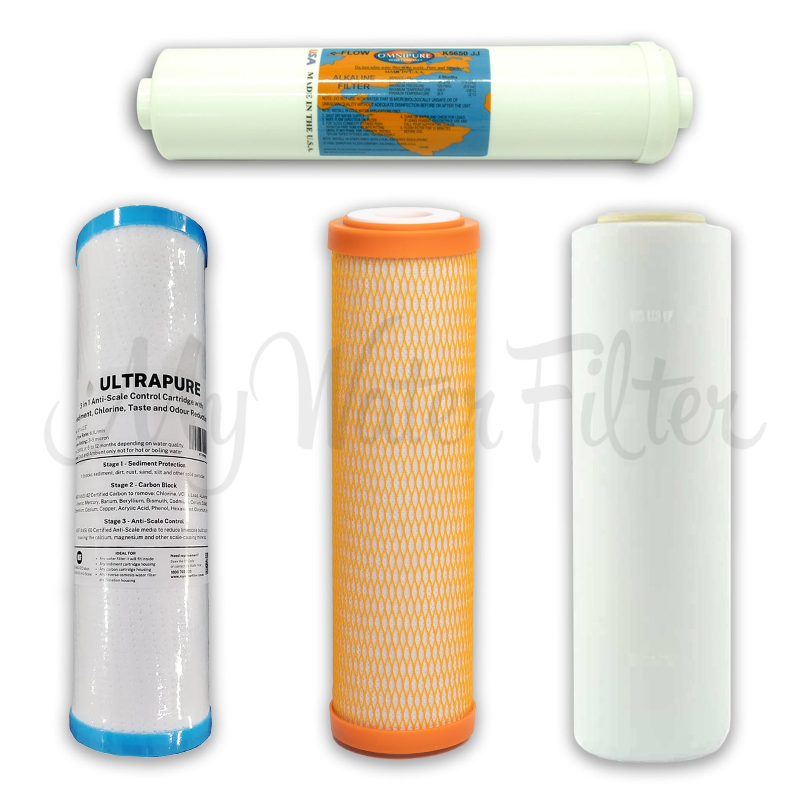Replacement Cartridge Pack for ULTRAPURE 10" Triple Under Sink Alkaline Water Filter System with Fluoride Reduction & Sediment Protection