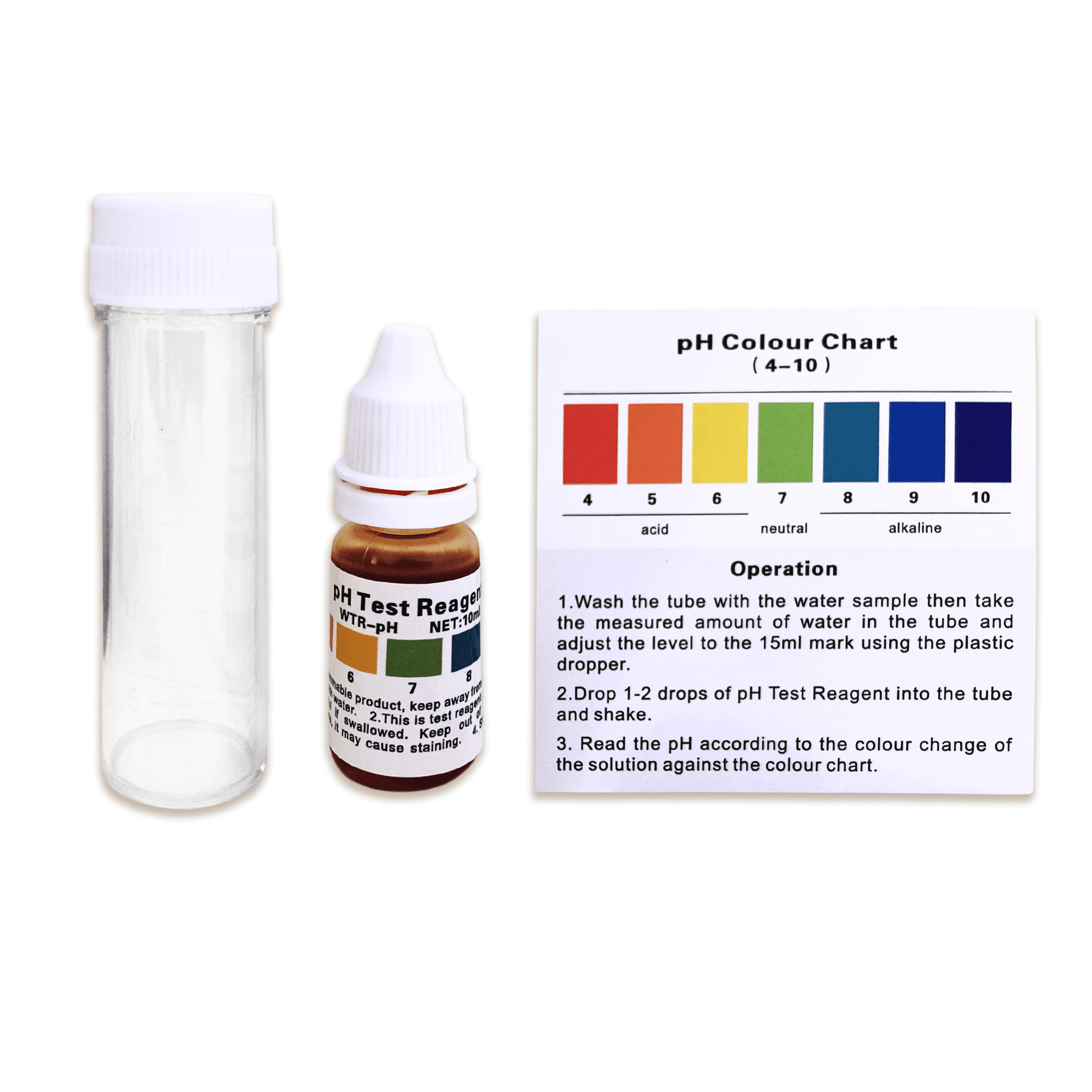 The Drinking Water pH Test Kit includes a test tube, reagent bottle, and color chart for measuring acidity and alkalinity.