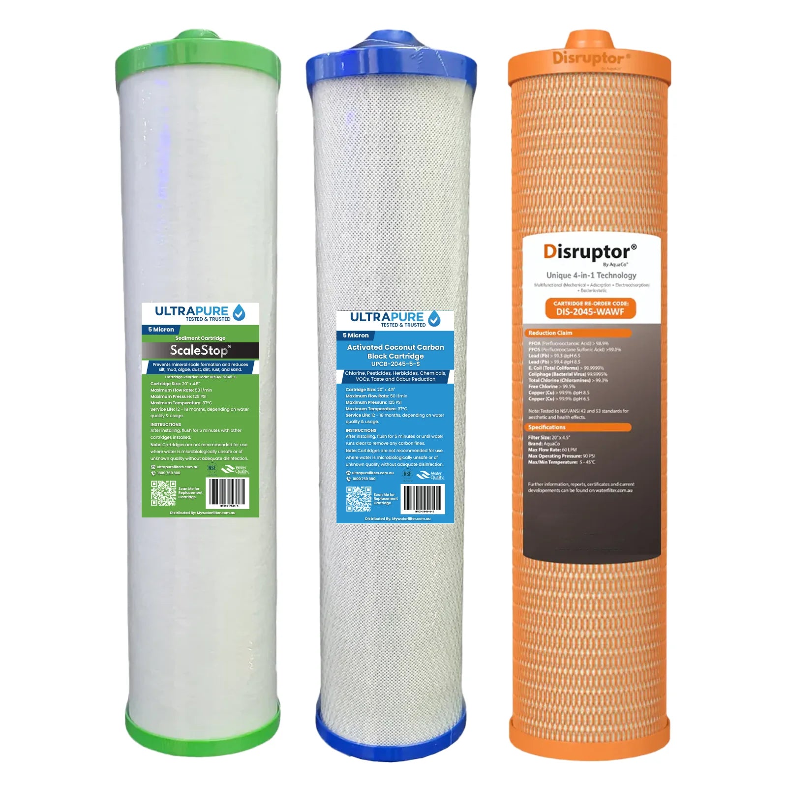 ULTRAPURE Home Filtration System cartridges – ScaleStop sediment cartridge (green label), Activated Coconut Carbon Block cartridge (blue label), and Disruptor 4-in-1 filtration cartridge (orange label) displayed side by side