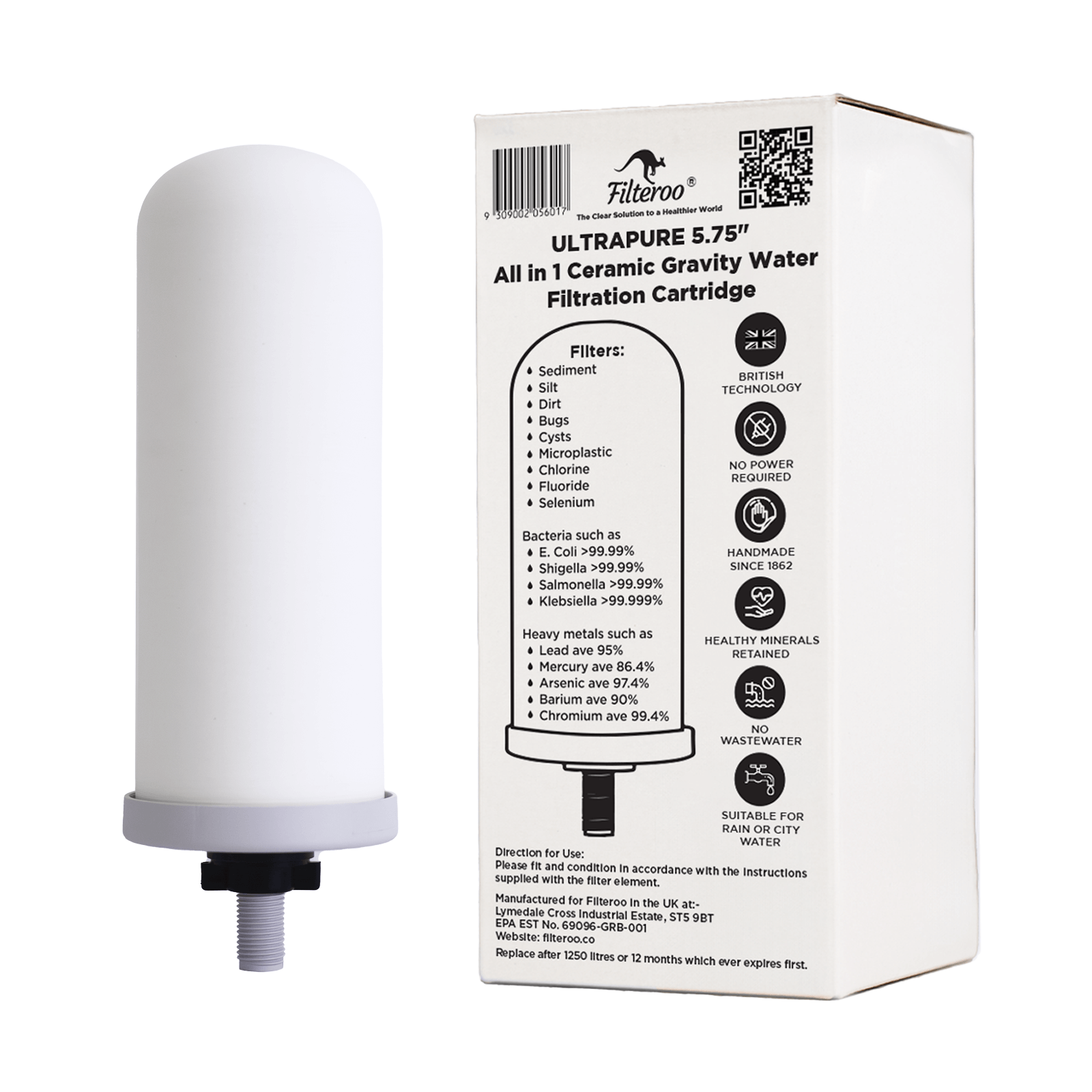 Filteroo® ULTRAPURE 5.75" All in 1 Ceramic Gravity Water Filtration Candle Twin Pack displayed alongside its packaging, highlighting its specifications and features.