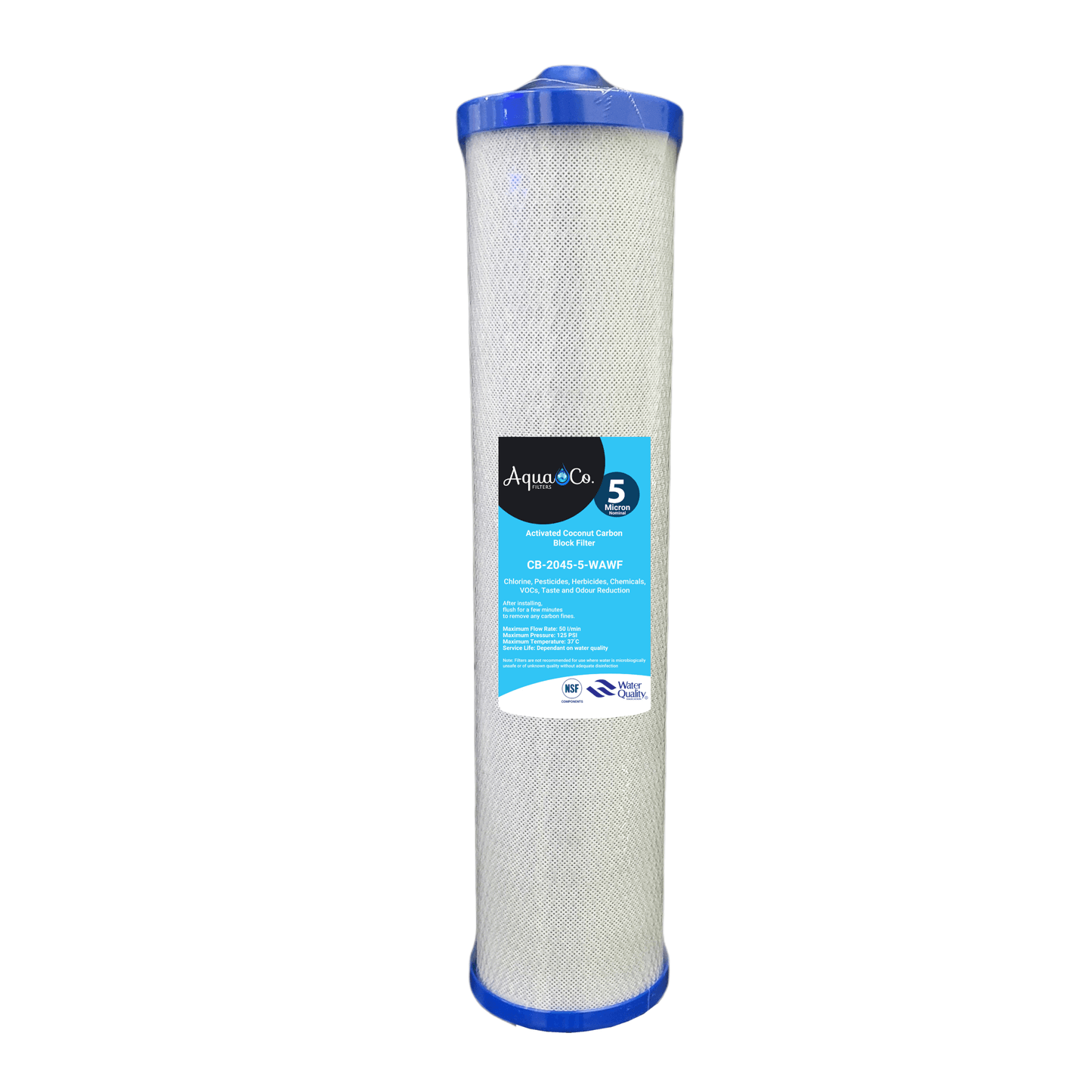 A cylindrical water filter cartridge with blue caps, labeled "AquaCo 20" x 4.5" Whole House Carbon Block Water Filter Cartridge" with Nipple.