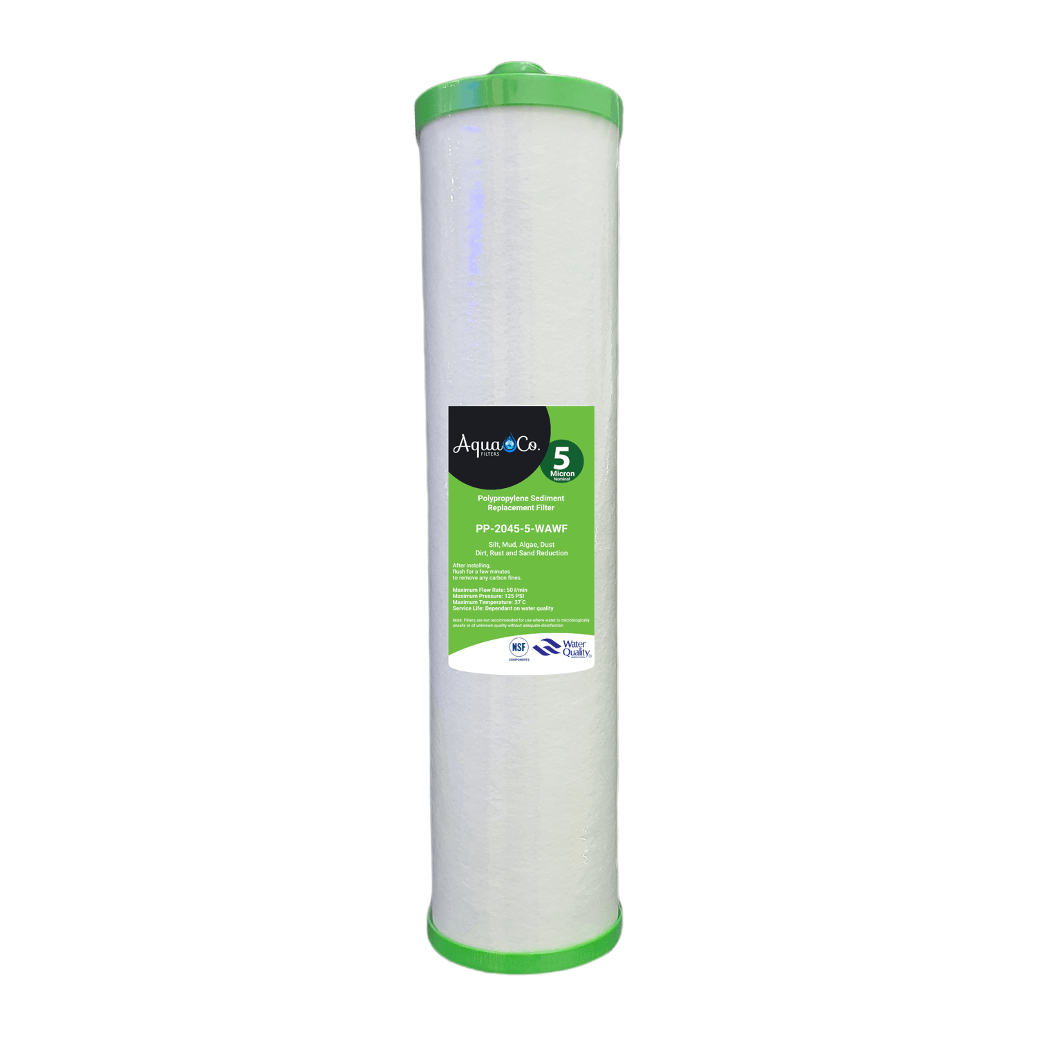 Cylindrical water filter cartridge with green caps and label identified as the AquaCo 20" x 4.5" Whole House Sediment Water Filter Cartridge with Nipple.