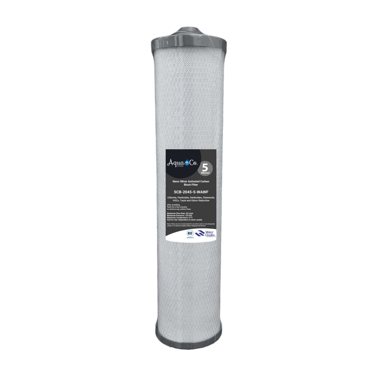 The AquaCo 20" x 4.5" Whole House Silver Impregnated Carbon Block Water Filter Cartridge features a tall cylindrical design, a gray mesh surface, and a gray end caps with nipple.