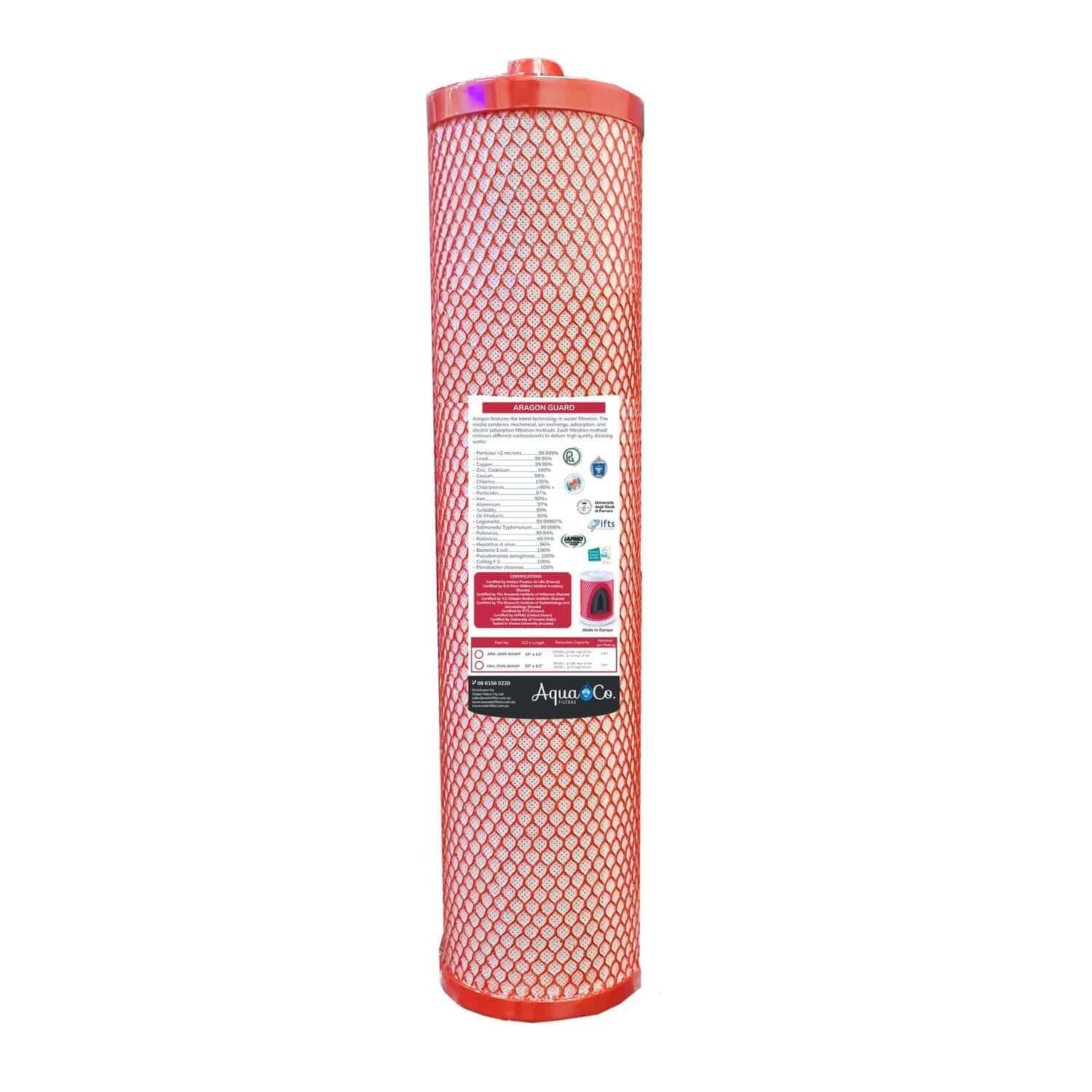 AquaCo 20" x 4.5" Whole House Aragon Water Filter Cartridge with Nipple features a red cylindrical design complemented by a mesh exterior.