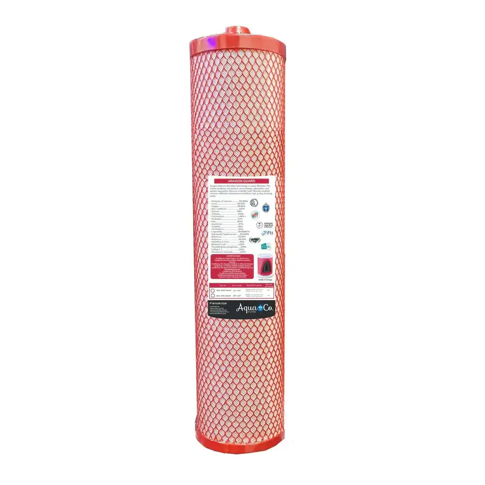 A red cylindrical Aragon filter cartridge with a mesh exterior as part of the AquaCo Premium Twin Whole House Water Filter for Rain or City Water Replacement Cartridge Pack.