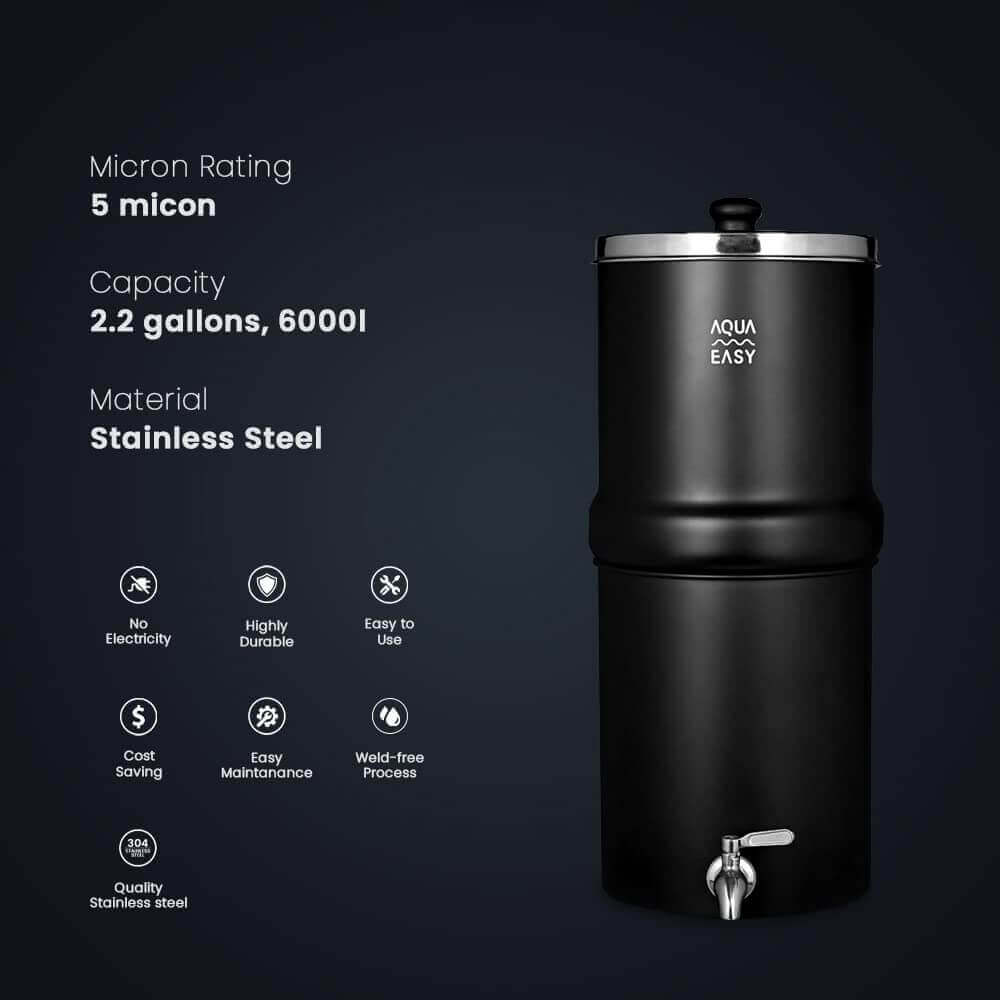 The black AquaEasy Stainless Steel Gravity Water Filter System features a 2.2-gallon capacity, a 5-micron rating, and offers various additional features.