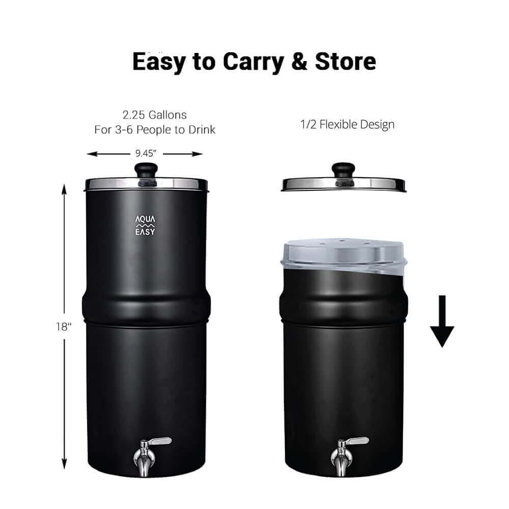 A black AquaEasy Stainless Steel Gravity Water Filter System, featuring a portable 2.25-gallon capacity, with measurement and displayed both assembled and disassembled with the label