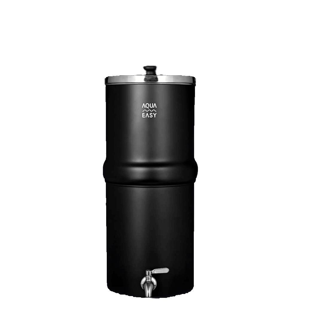 AquaEasy Stainless Steel Gravity Water Filter System with a tap, showcased on a black backdrop.
