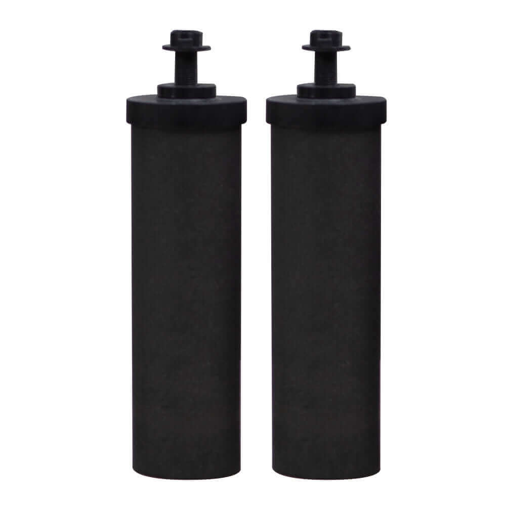 Two Filteroo® cylindrical carbon block cartridges in black featuring top connectors and washers
