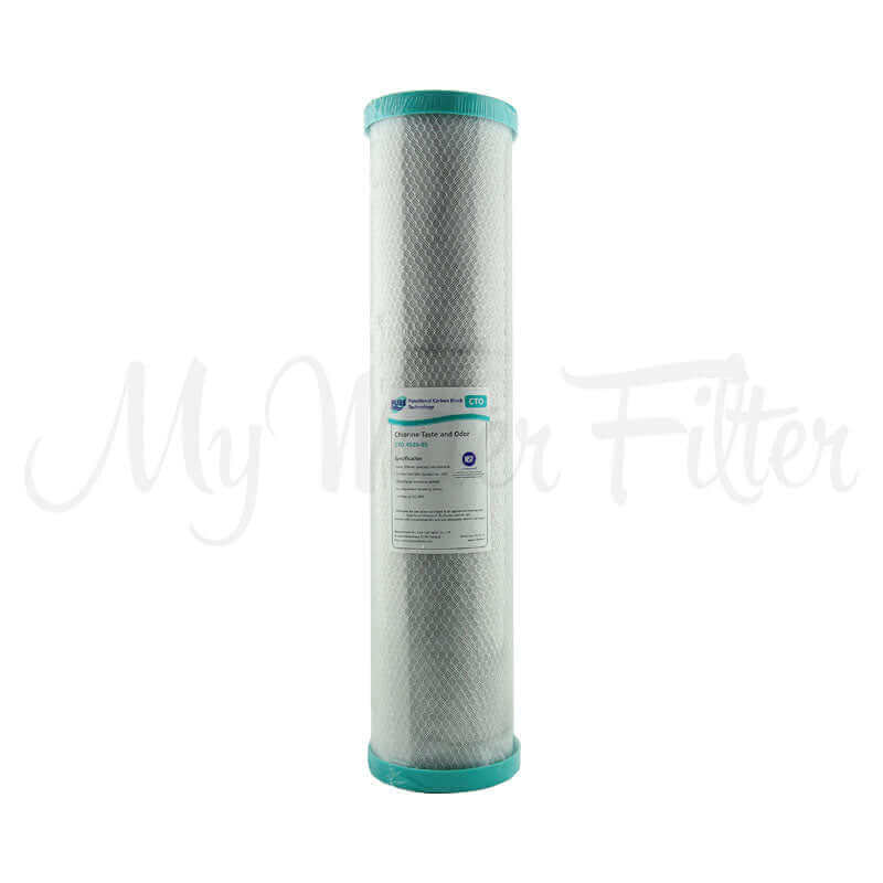 A carbon block cartridge with green end caps as part of the MWF 20" x 4.5" Twin Big Blue Whole House Water Filter System