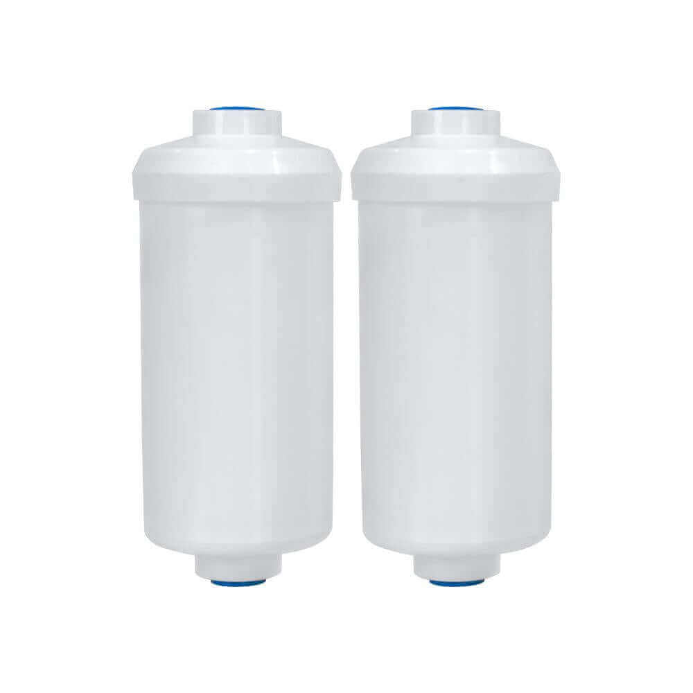 Two Filteroo Max Flouride filters in cylindrical, white colour cartridges with bluie end covers positioned side by side.