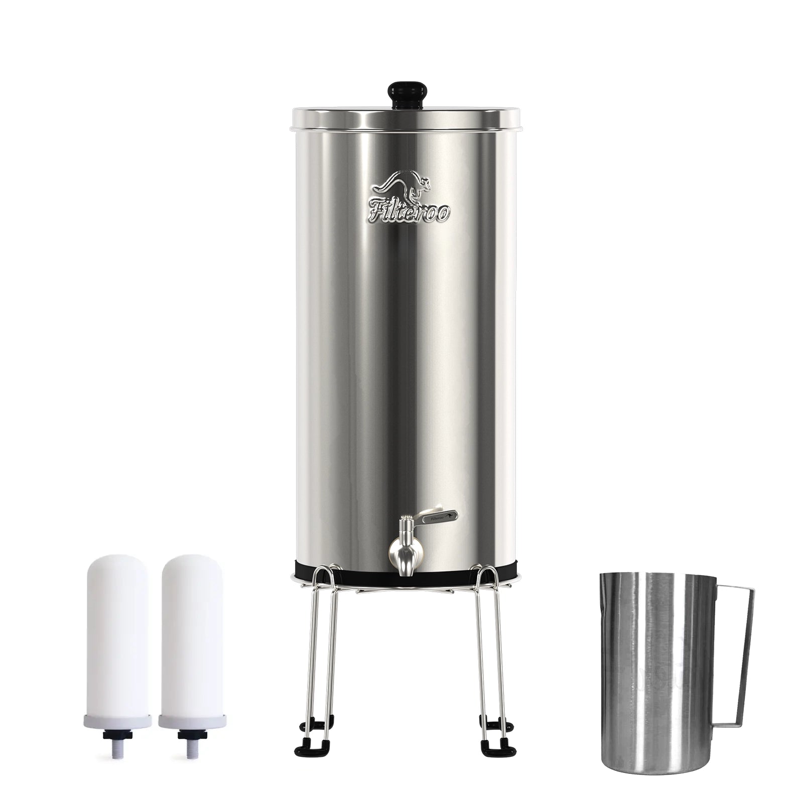 The Filteroo® Superoo stainless steel gravity water filter, which includes options for 12L, 16L, and 20L capacities, sits on a stainless steel stand with a stainless steel tap, features two ceramic cartridges on the left and a metal pitcher on the right