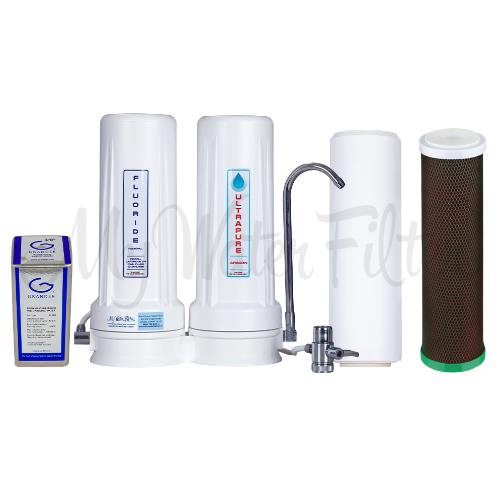 Grander Revitalisation Structured Water Device and ULTRAPURE Aragon 10" Twin Benchtop Water Filter with Fluoride Removal with watermark