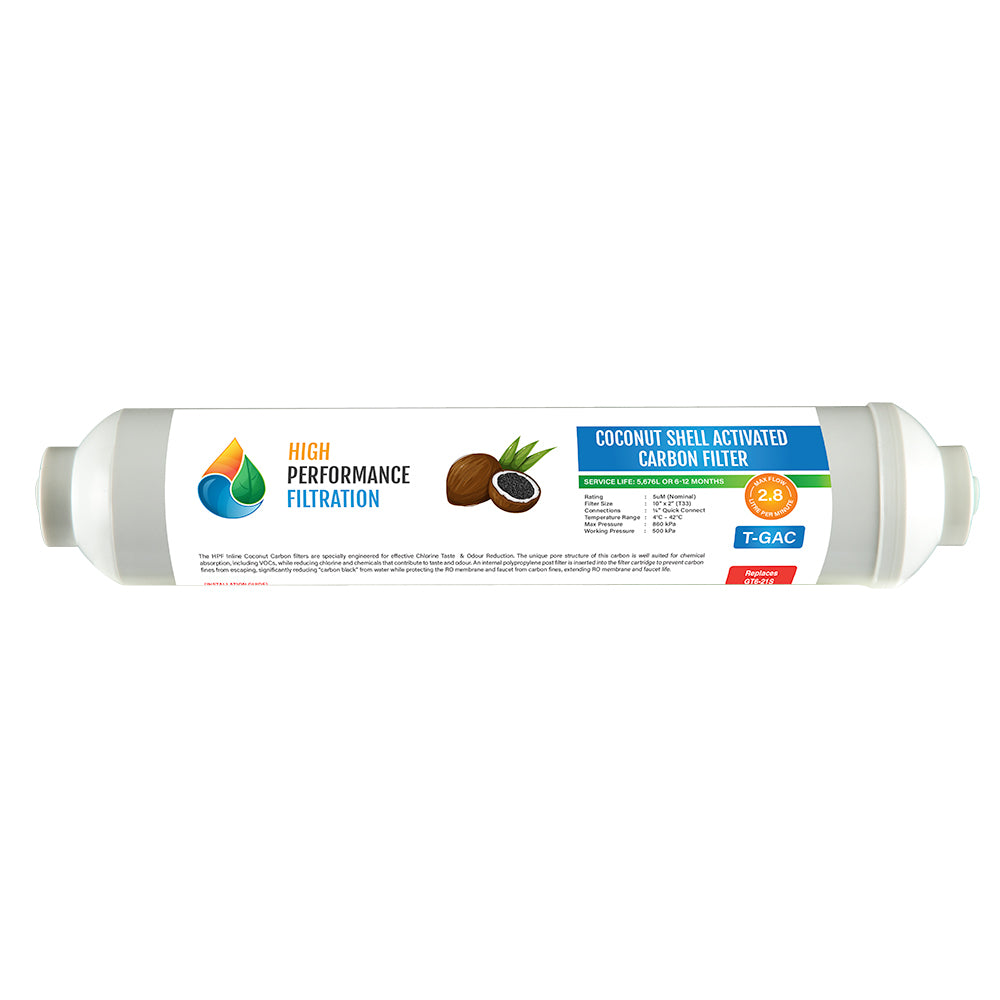 HPF 5 Micron 10" x 2” Inline Coconut Shell Activated Carbon Water Filter Cartridge with ¼” Push-In Connectors