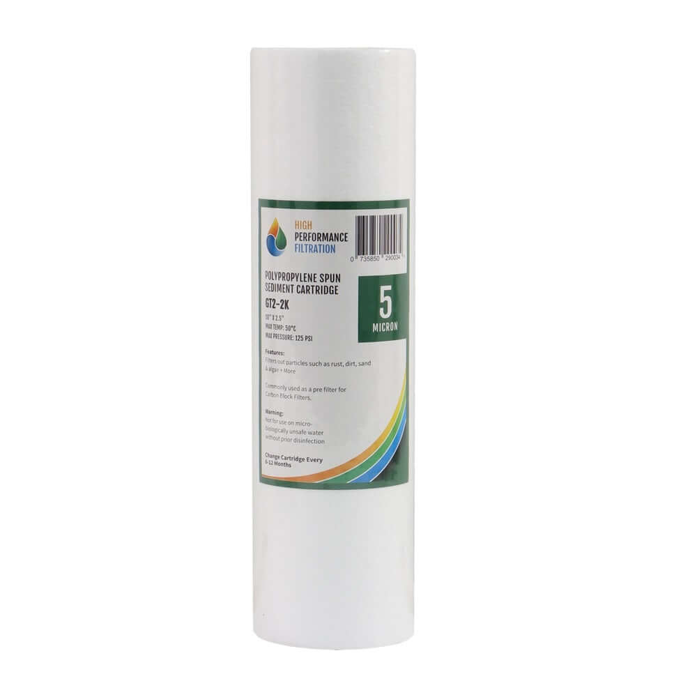 White cylindrical polyspun sediment water filter cartridge for the HPF 4 Stage Reverse Osmosis System with label featuring "5 micron" and "High Performance Filtration.