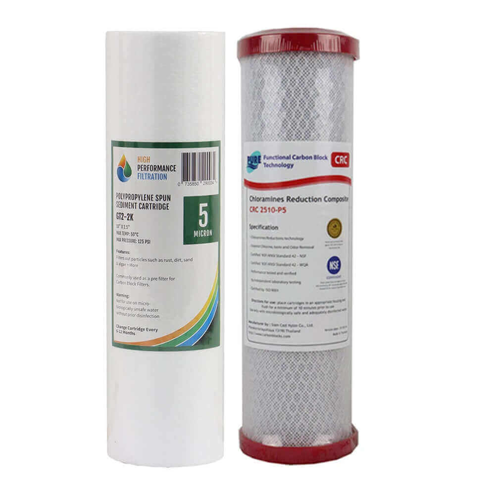 Two High Performance Filtration cartridges: one polypropylene, the other carbon block, from the Replacement Cartridge Pack for the HPF 7 Stage Reverse Osmosis Under Sink Water Filter System, with labels and specifications.
