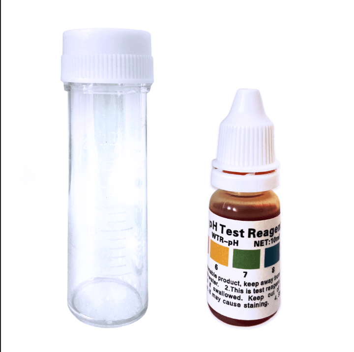 Transparent test tube and reagent bottle with dropper, labeled with colorful pH scale, from the Drinking Water pH Test Kit