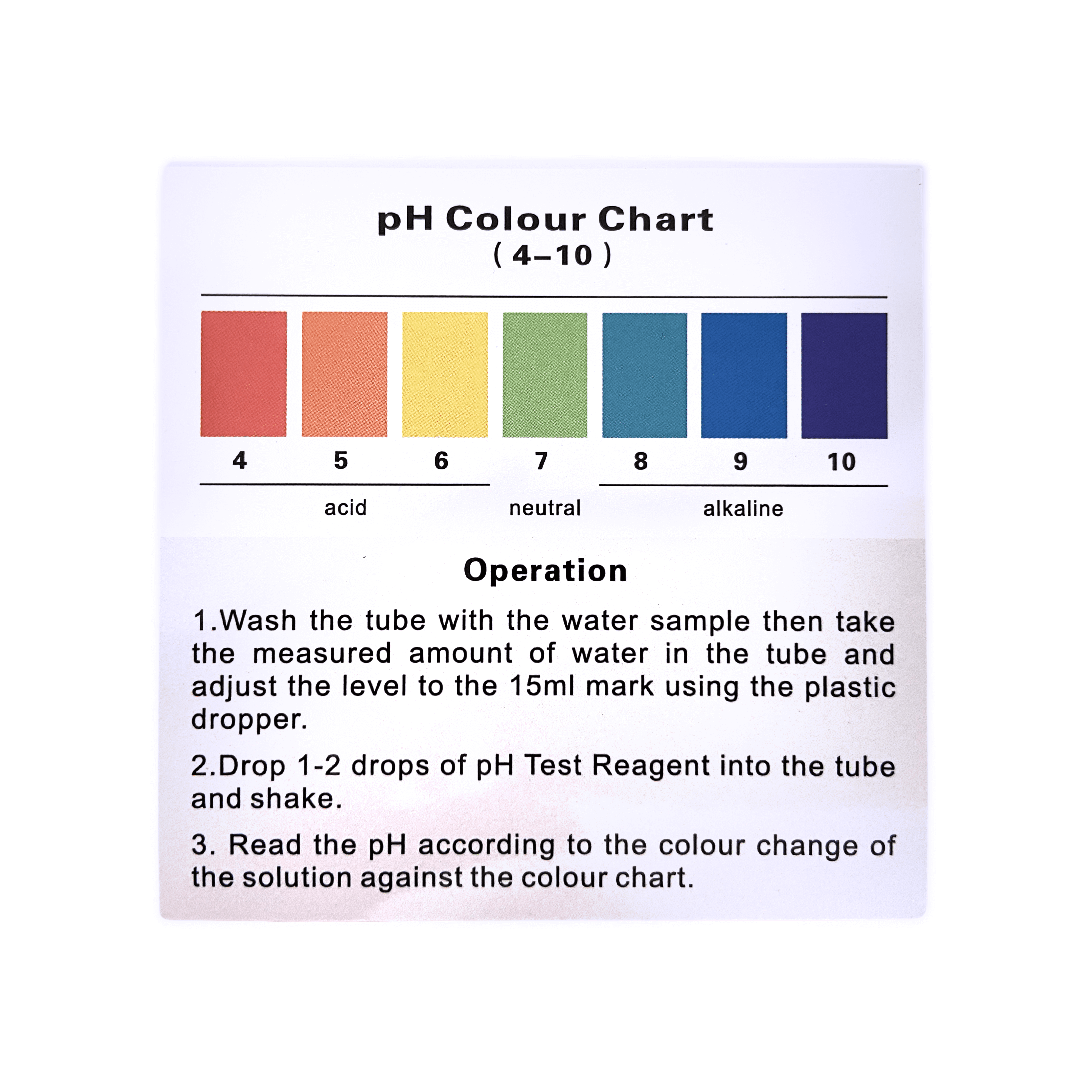 Drinking Water pH Test Kit , featuring a color chart (4-10) and instructions for testing water acidity and alkalinity.